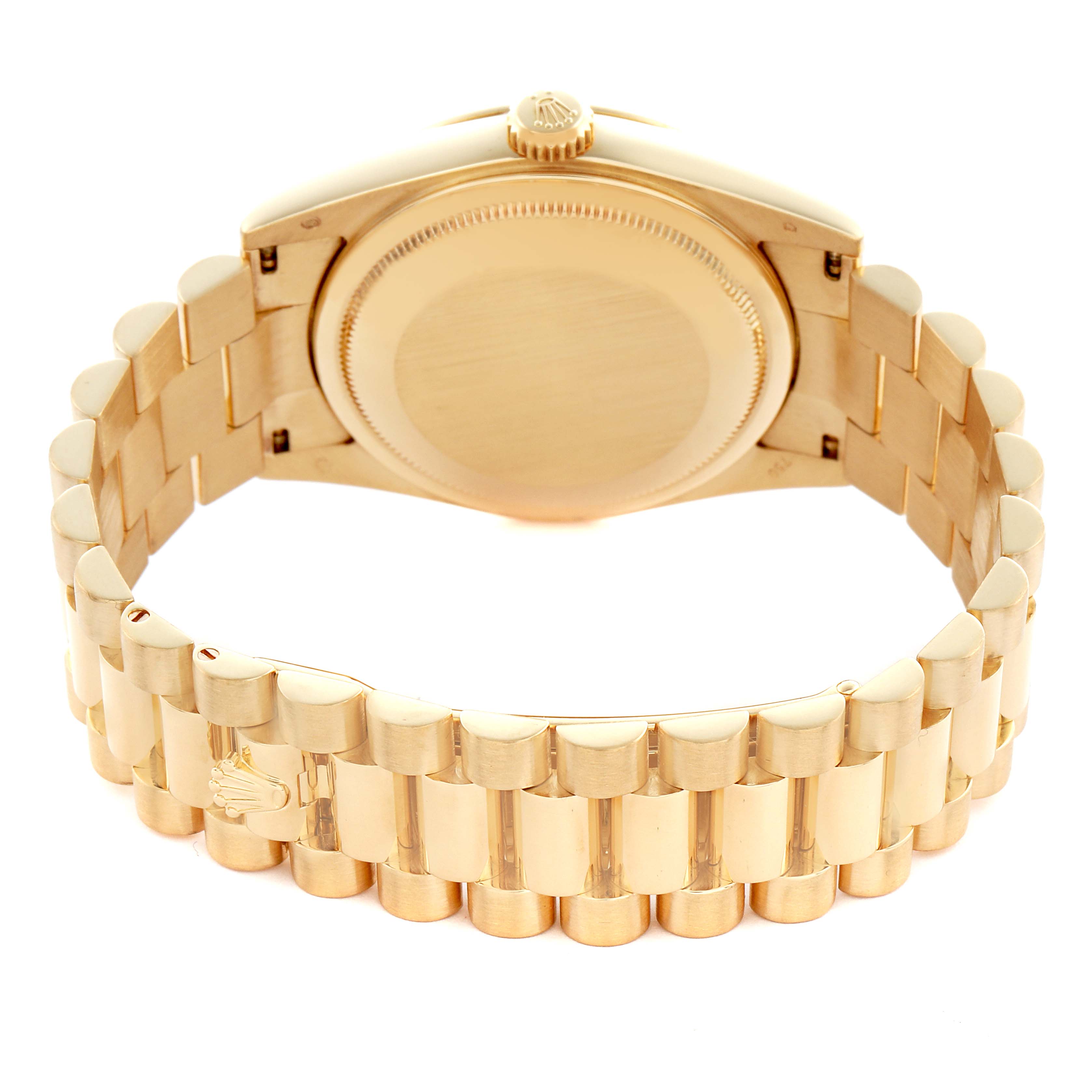 The image shows the back view of a Rolex President 118338 Men
s Yellow Gold Silver Dial 118338 Men
s Yellow Gold Silver Dial model, highlighting the bracelet and case back.