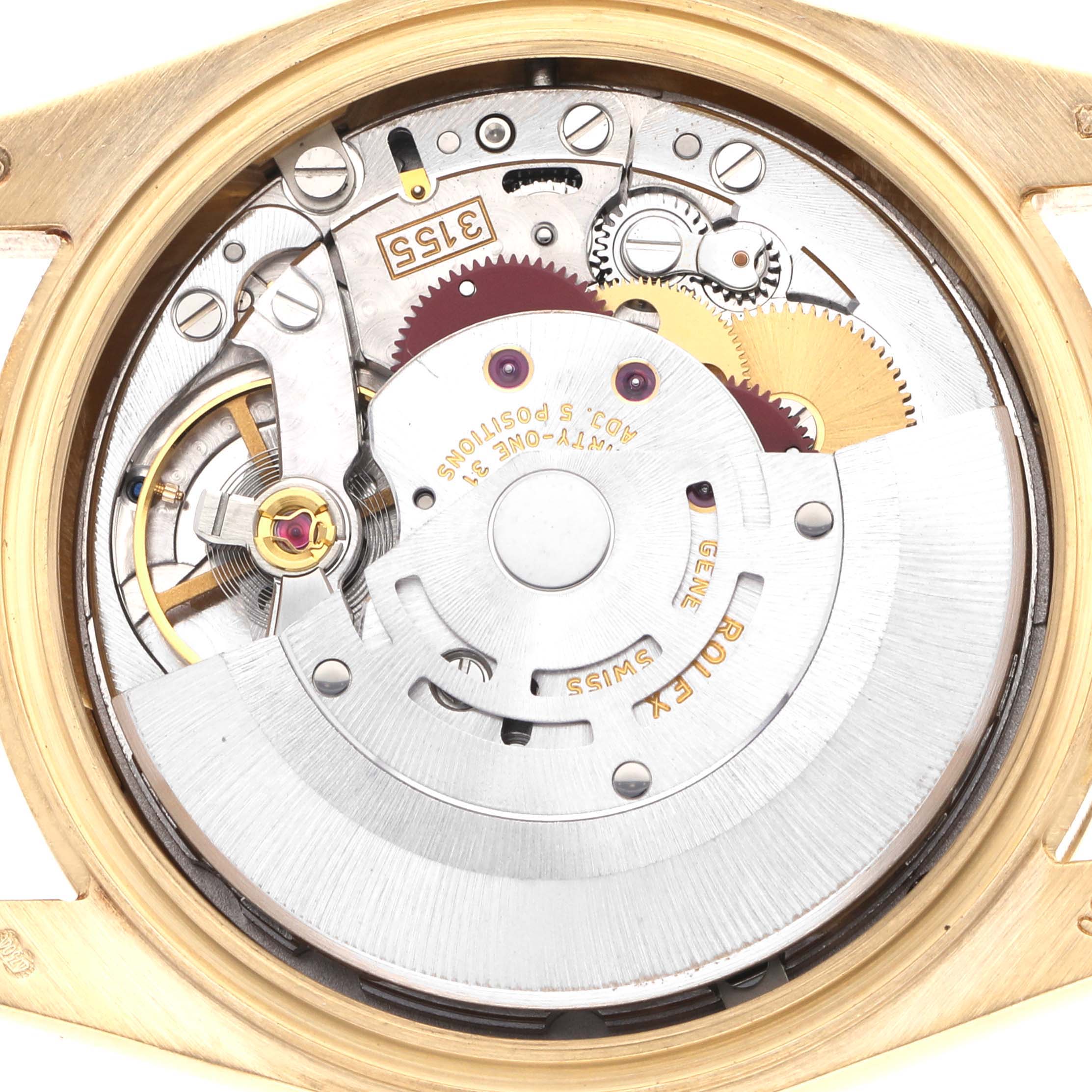 The image shows the open case back of a Rolex President 118338 Men
s Yellow Gold Silver Dial 118338 Men
s Yellow Gold Silver Dial watch, displaying its movement and inner components.