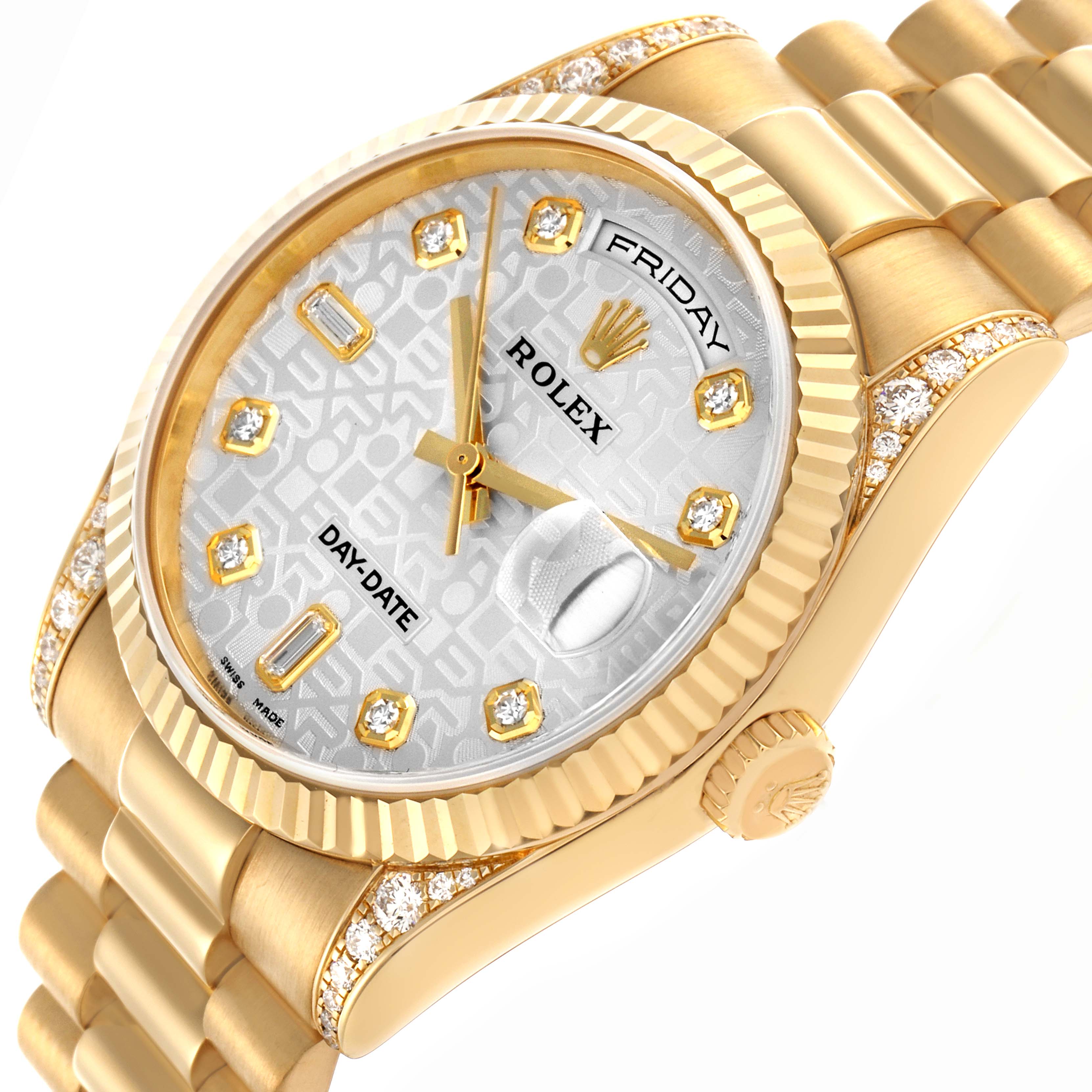 The Rolex President 118338 Men
s Yellow Gold Silver Dial 118338 Men
s Yellow Gold Silver Dial model watch is shown at an angle highlighting its gold case, bracelet, diamond hour markers, and fluted bezel.