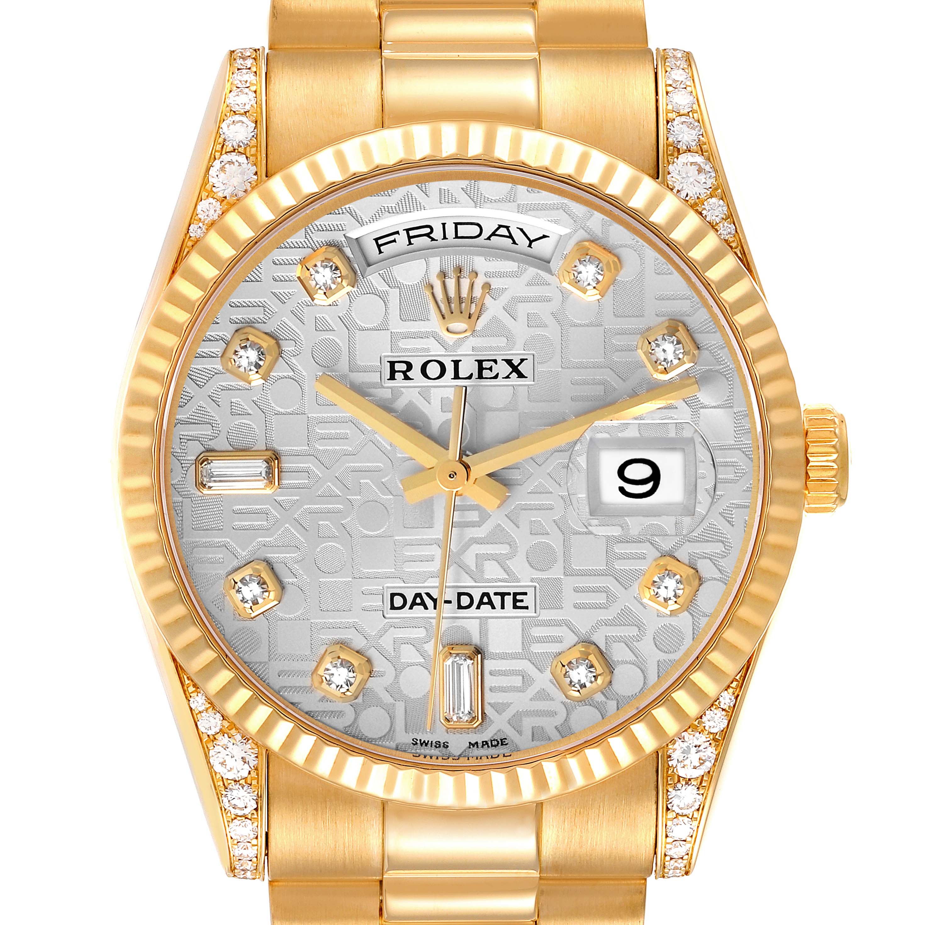 The Rolex President 118338 Men
s Yellow Gold Silver Dial 118338 Men
s Yellow Gold Silver Dial watch is shown from the front, displaying the dial, bezel, and partial bracelet with diamond accents.