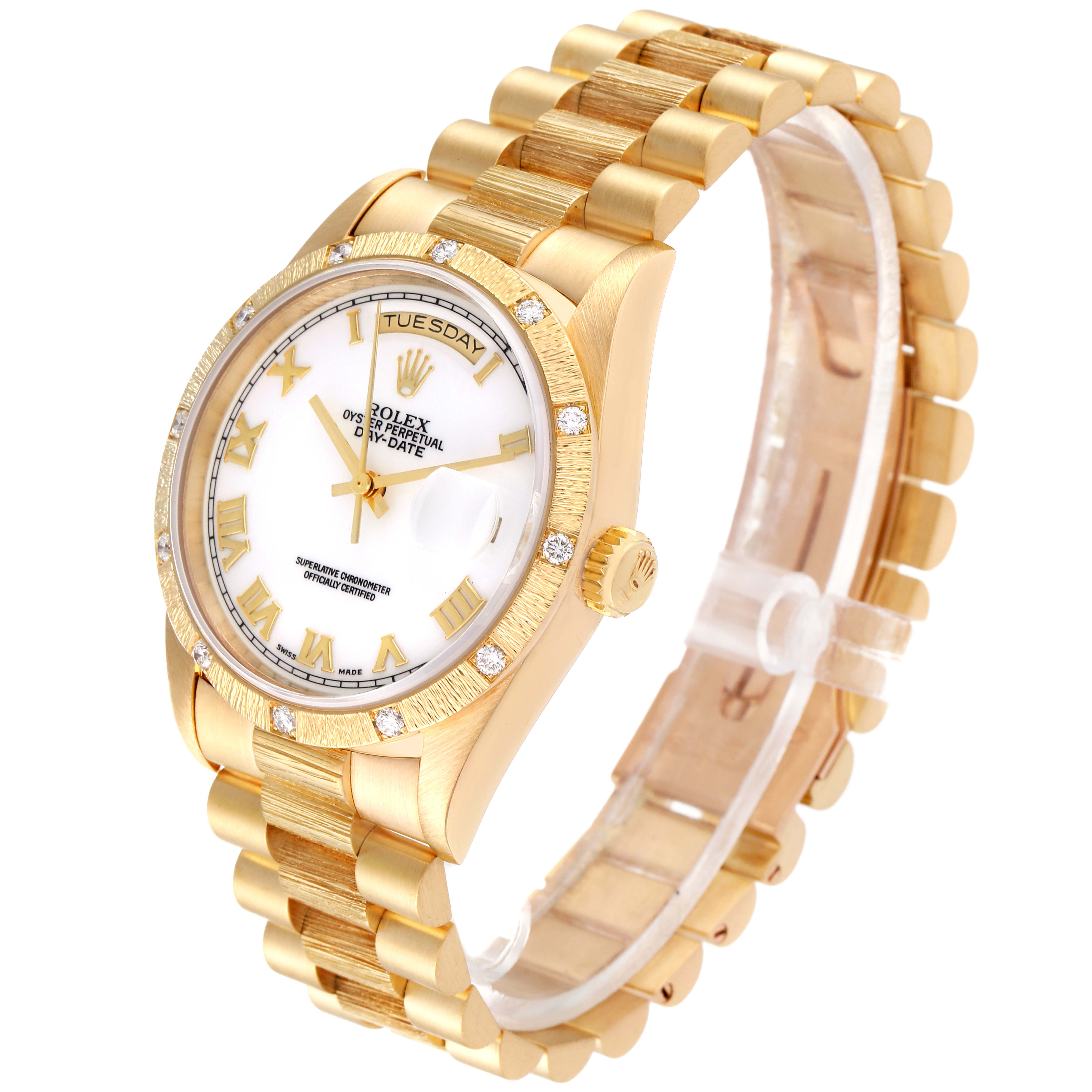 The image shows a Rolex President 18308 Men
s Yellow Gold White Dial 18308 Men
s Yellow Gold White Dial model watch at a three-quarter angle, highlighting the face, bezel, and bracelet.