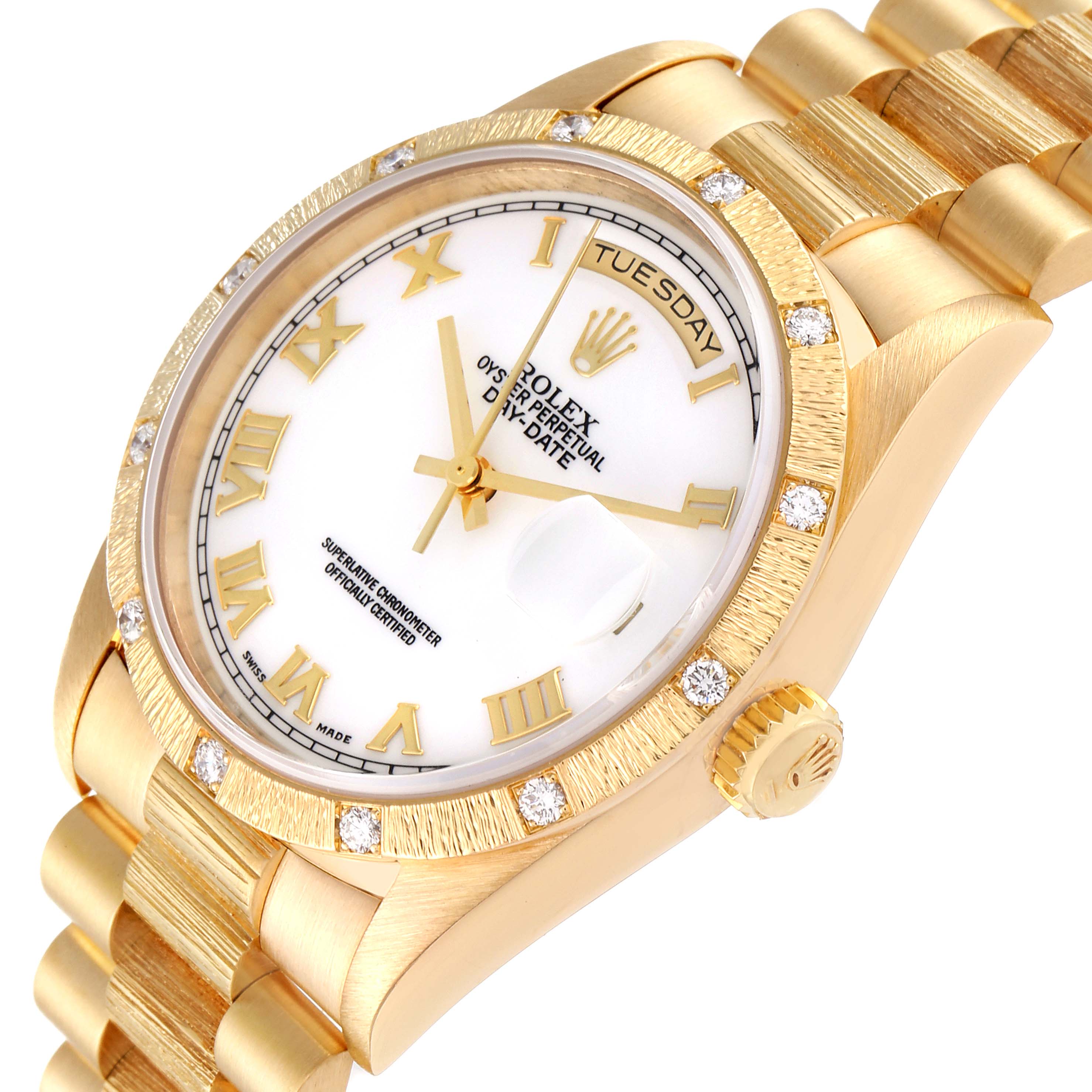 The image shows a close-up of the Rolex President 18308 Men
s Yellow Gold White Dial 18308 Men
s Yellow Gold White Dial model watch, focusing on the dial, bezel, and part of the bracelet.