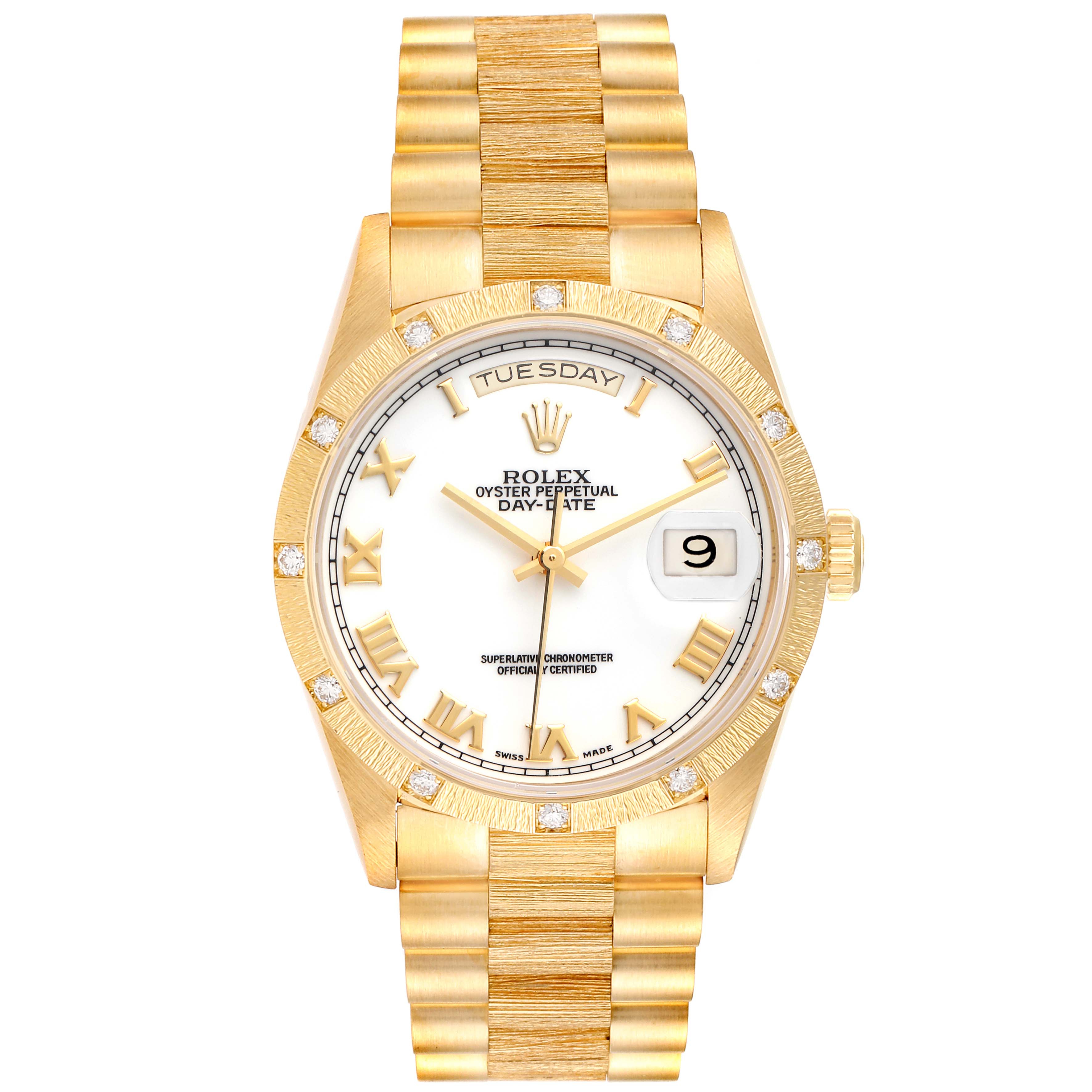 This image shows a frontal view of the Rolex President 18308 Men
s Yellow Gold White Dial 18308 Men
s Yellow Gold White Dial model watch, featuring its gold bracelet, face, and bezel.