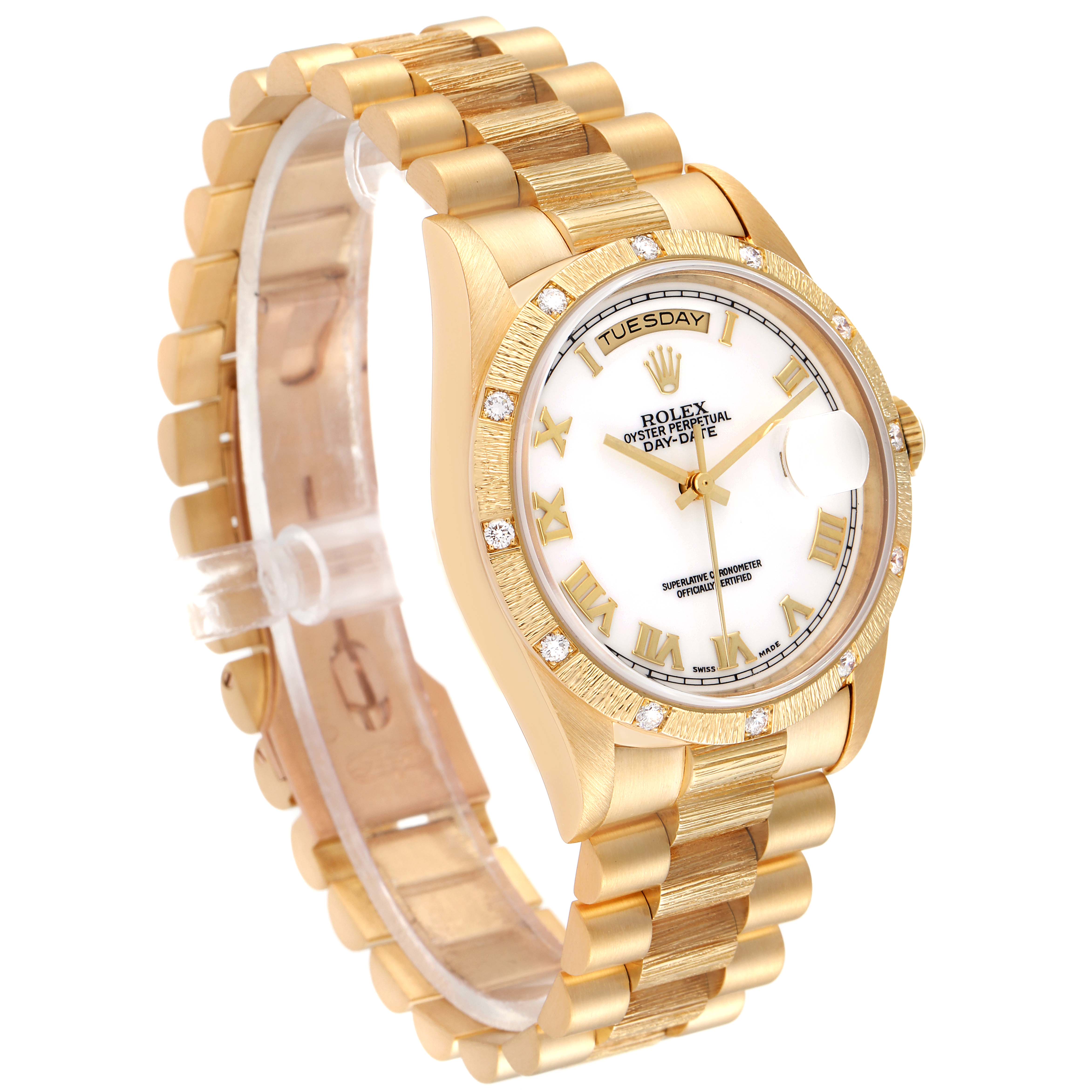 The image shows a side angle of the Rolex President 18308 Men
s Yellow Gold White Dial 18308 Men
s Yellow Gold White Dial model watch, highlighting the bracelet, case, dial, and crown.
