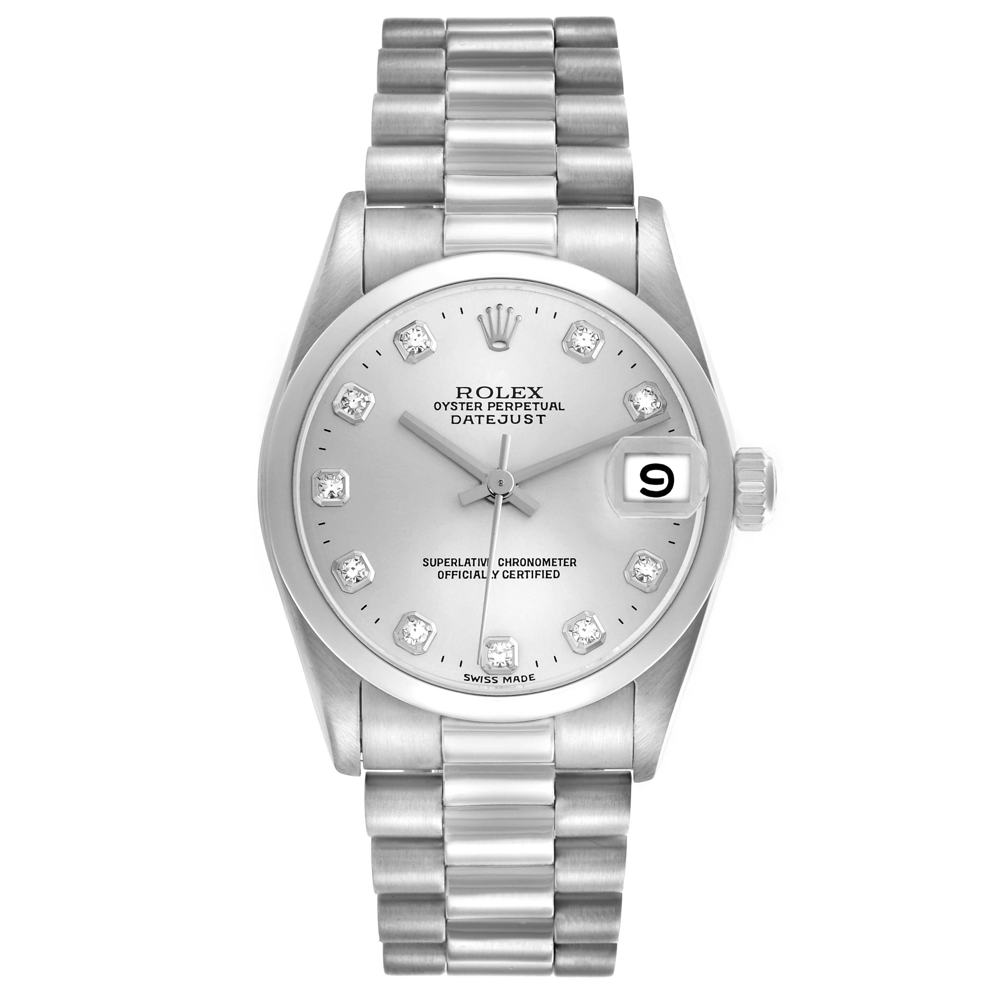 The Rolex President 68246 Women's Platinum Silver Dial watch is shown from the front, highlighting the dial, bracelet, and date window.