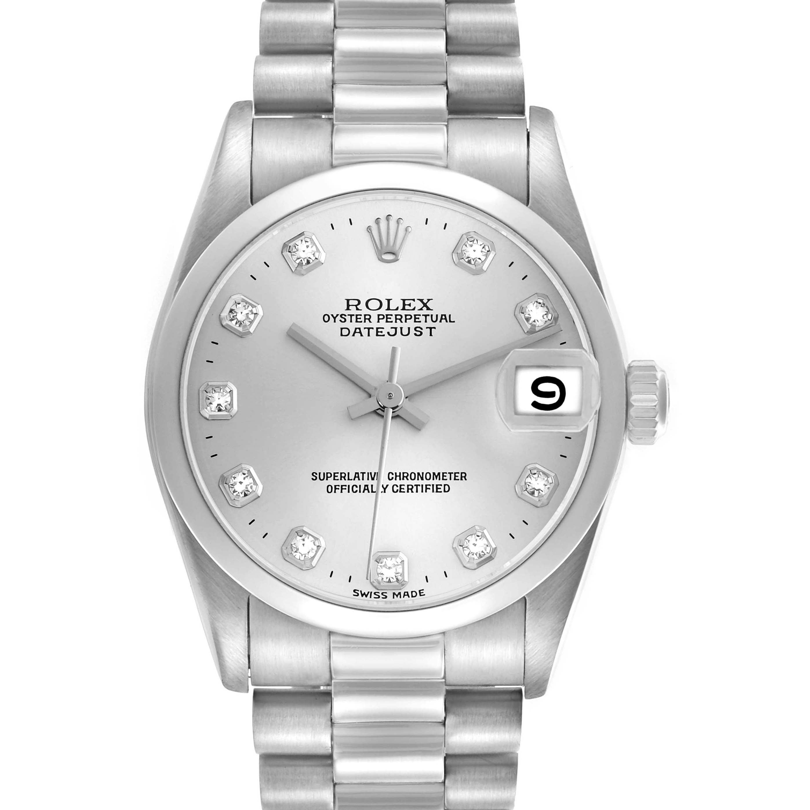 The Rolex President 68246 Women's Platinum Silver Dial model is shown from the front, displaying the dial, hands, date window, and bracelet.