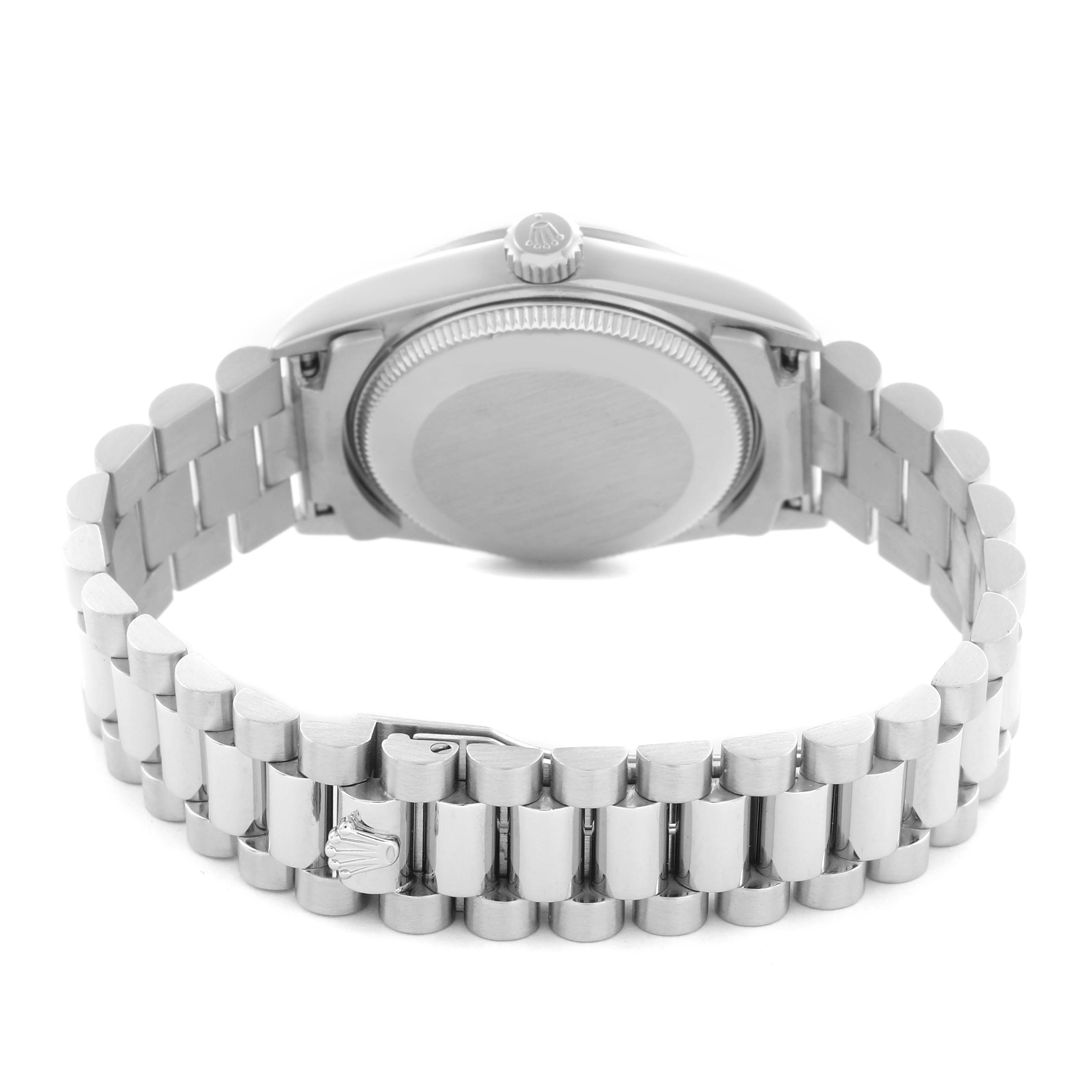 The image shows the back view of a Rolex Mid-Size 68246 Women
s Platinum Silver Dial 68246 Women
s Platinum Silver Dial model, highlighting the bracelet and case back.