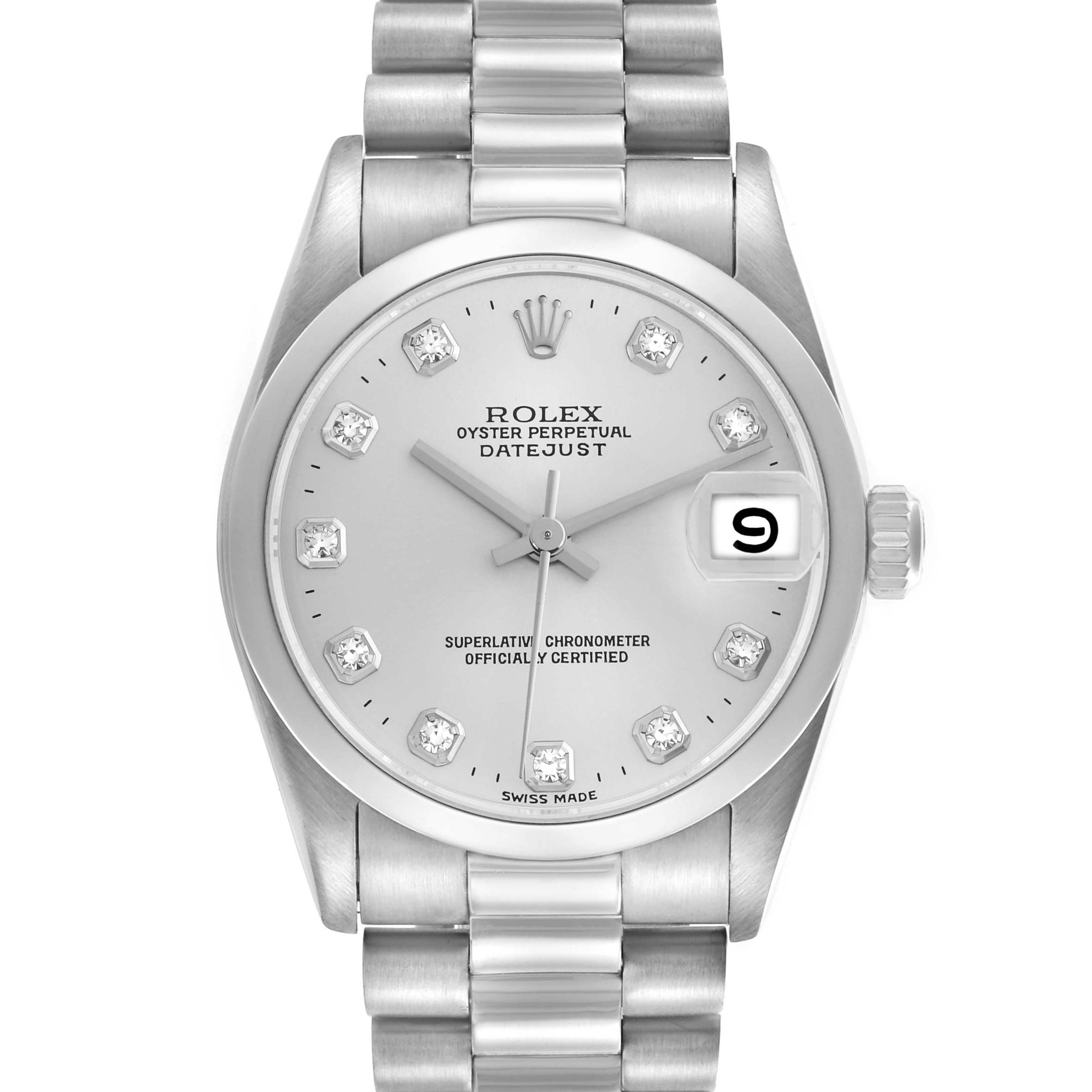 The Rolex Datejust Mid-Size watch is shown from the front, displaying its dial, bracelet, and crown.