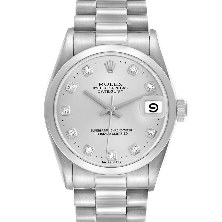 The Rolex Datejust Mid-Size watch is shown from the front, displaying its dial, bracelet, and crown.