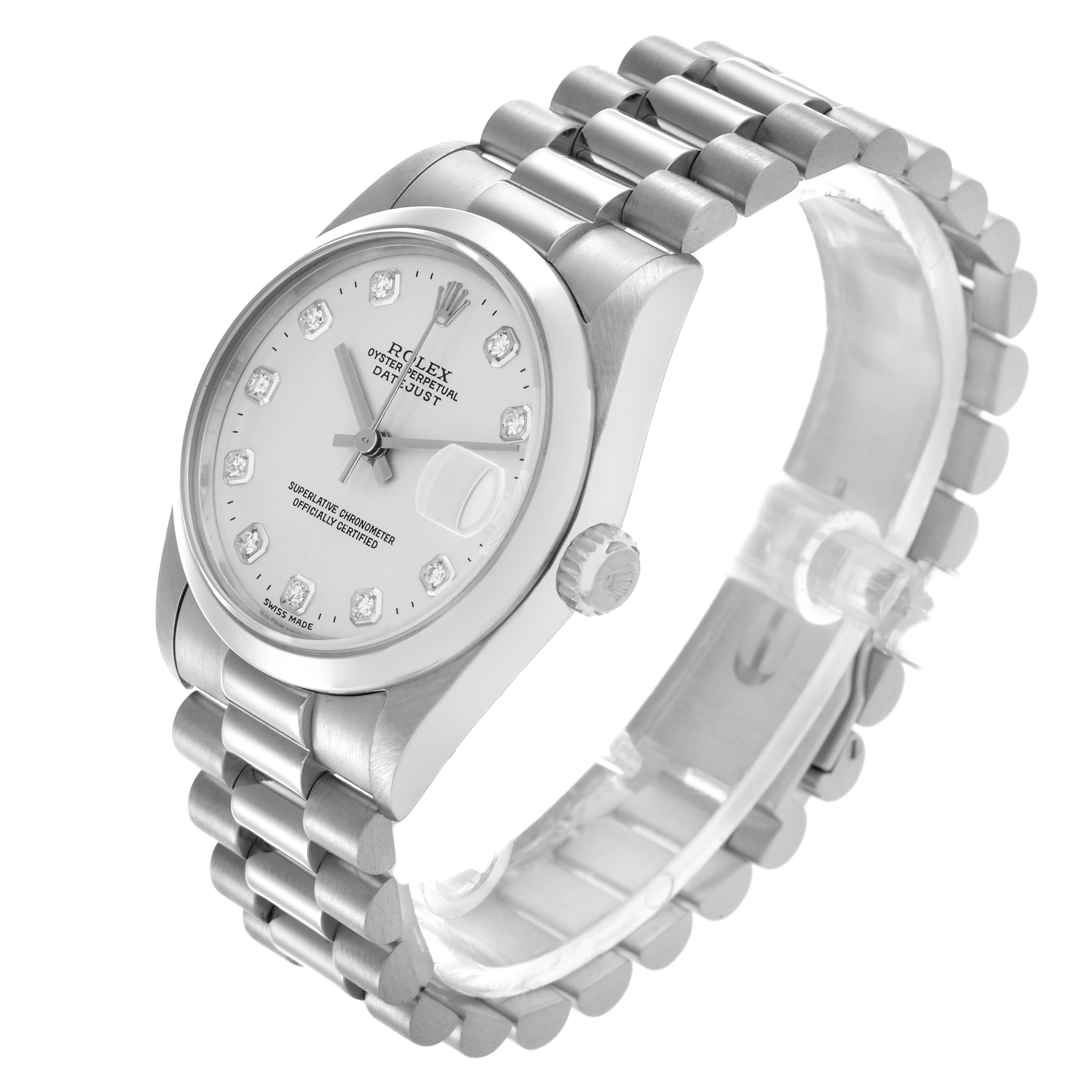 The Rolex Mid-Size 68246 Women
s Platinum Silver Dial 68246 Women
s Platinum Silver Dial watch is shown at a three-quarter angle, highlighting the dial, bezel, bracelet, and crown.