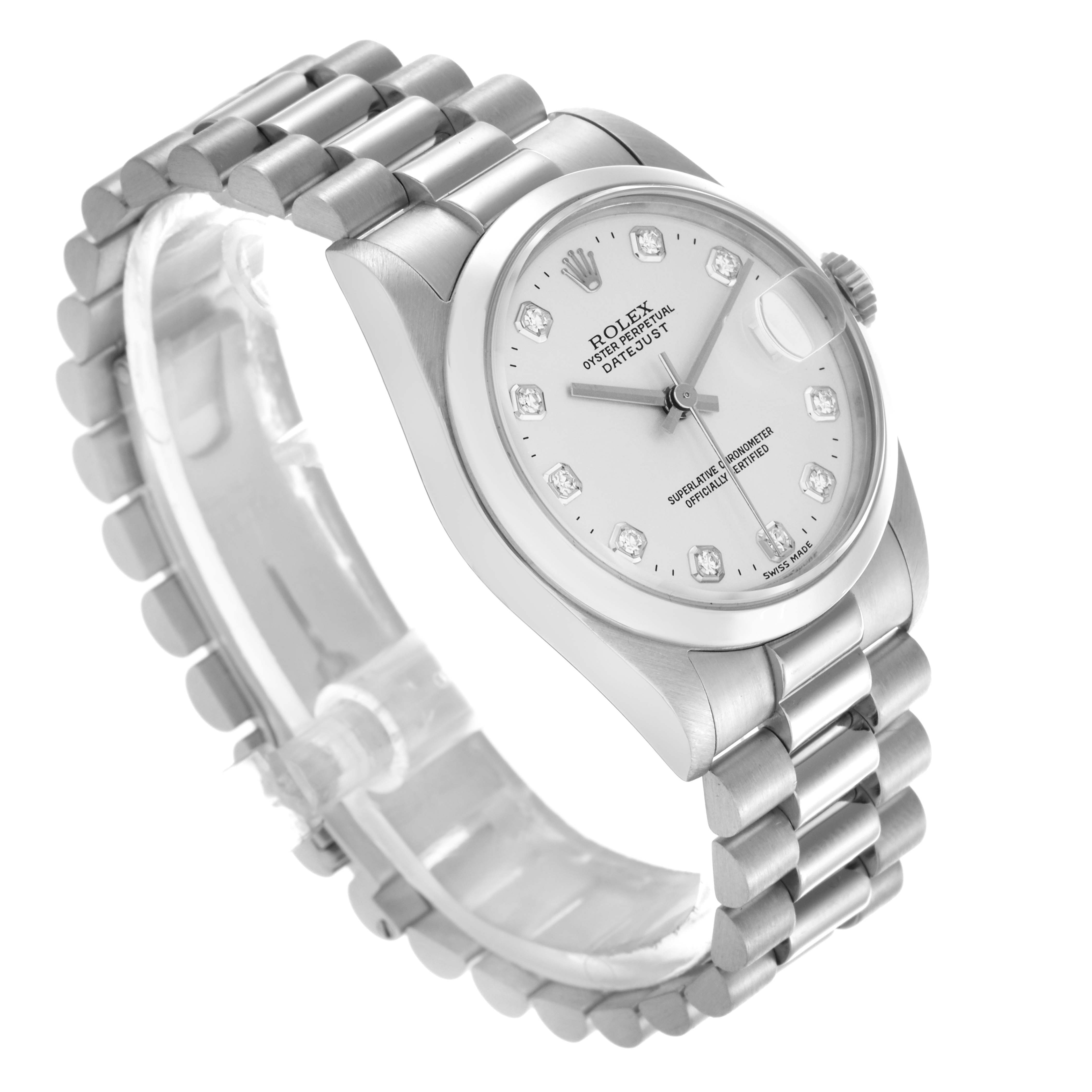 The Rolex Mid-Size 68246 Women
s Platinum Silver Dial 68246 Women
s Platinum Silver Dial watch is shown at a three-quarter angle, highlighting the face, bracelet, and winder.