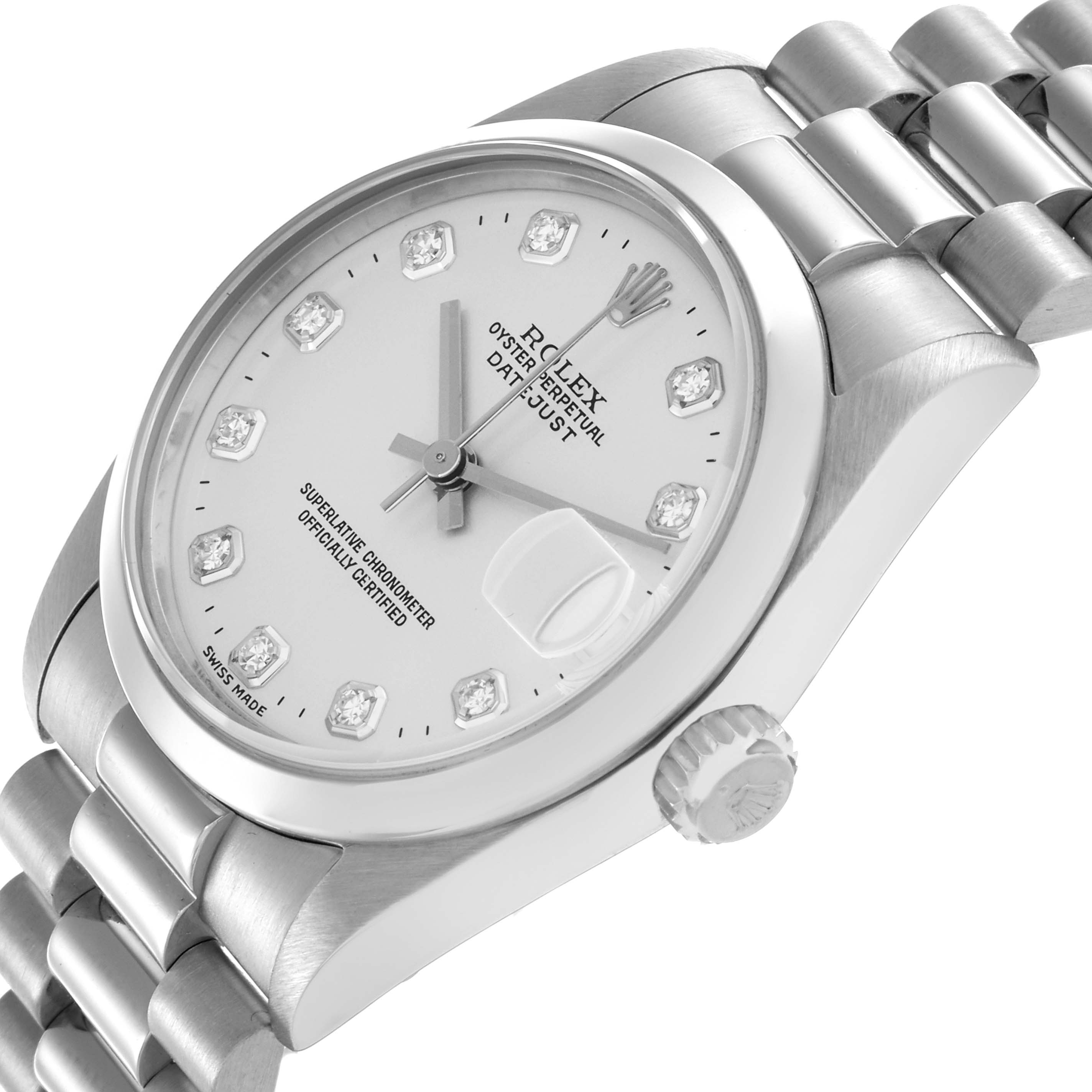 The Rolex Datejust mid-size model is shown from a three-quarter angle, displaying the dial, case, crown, and part of the bracelet.