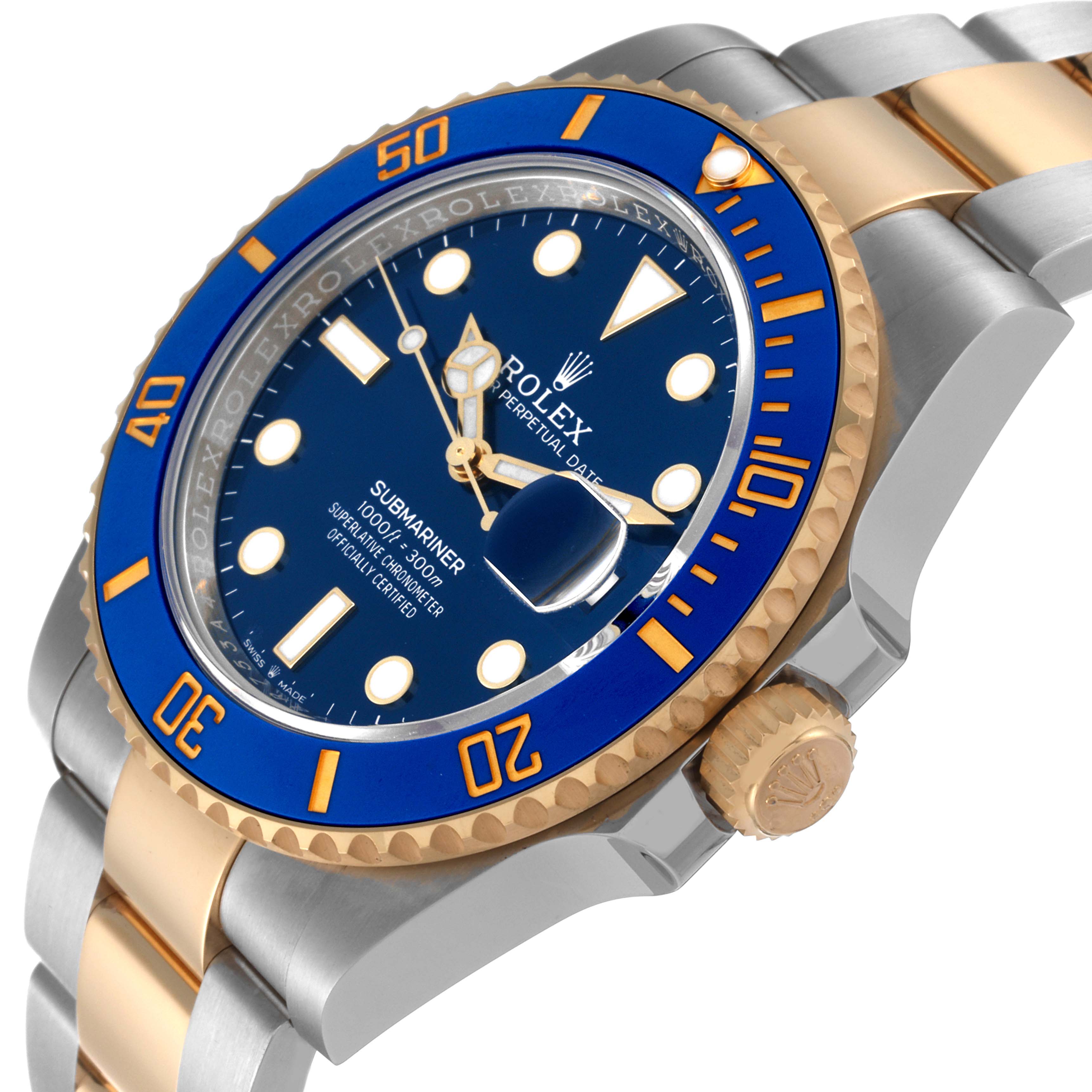 The image shows a side and front angle of the Rolex Submariner 126613 Men's Steel and Gold (two tone) Blue Dial 126613 Men's Steel and Gold (two tone) Blue Dial watch, highlighting its blue bezel and dial, and metal bracelet.