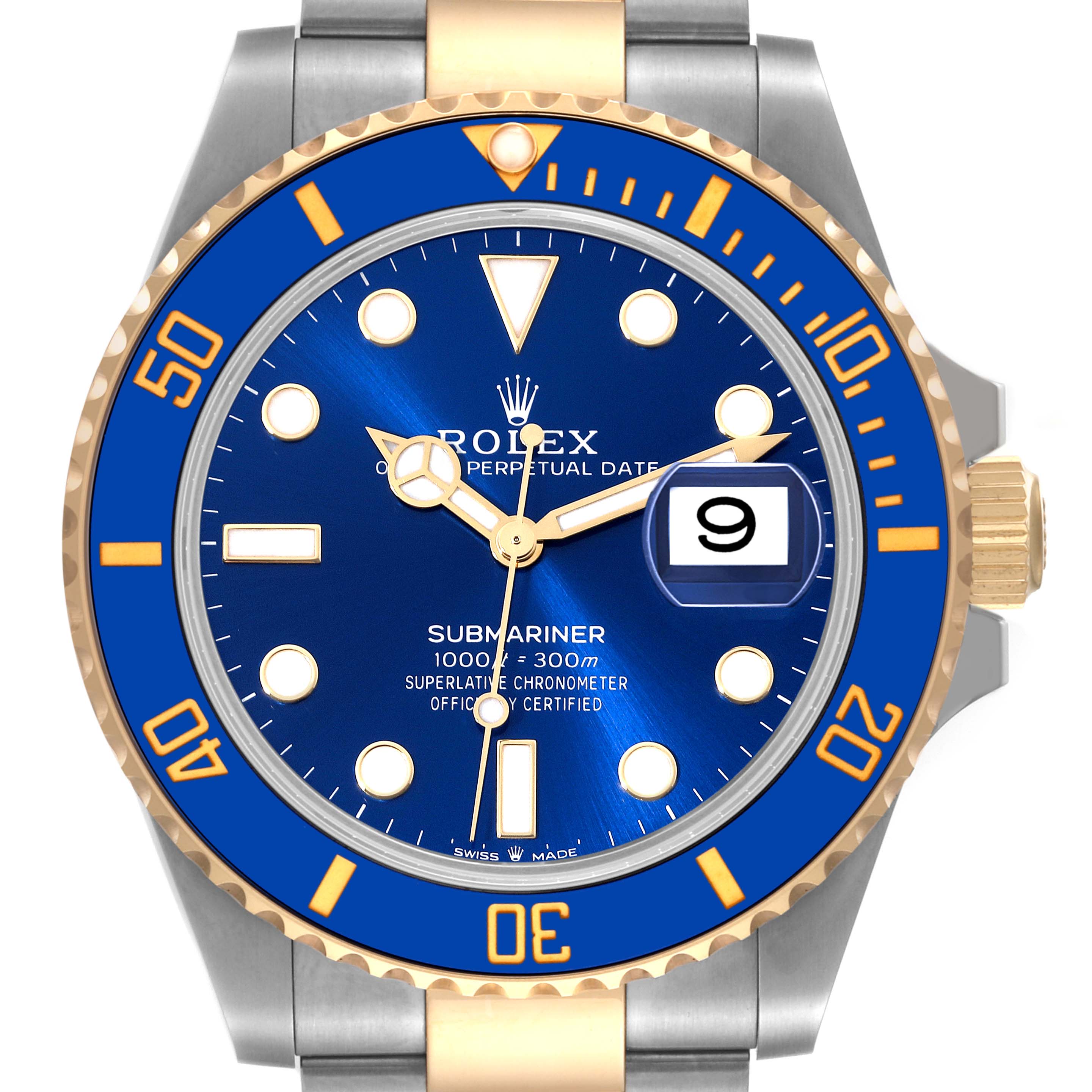 This Rolex Submariner 126613 Men's Steel and Gold (two tone) Blue Dial 126613 Men's Steel and Gold (two tone) Blue Dial watch is shown from the front, displaying its blue dial, blue and gold bezel, and date indicator.