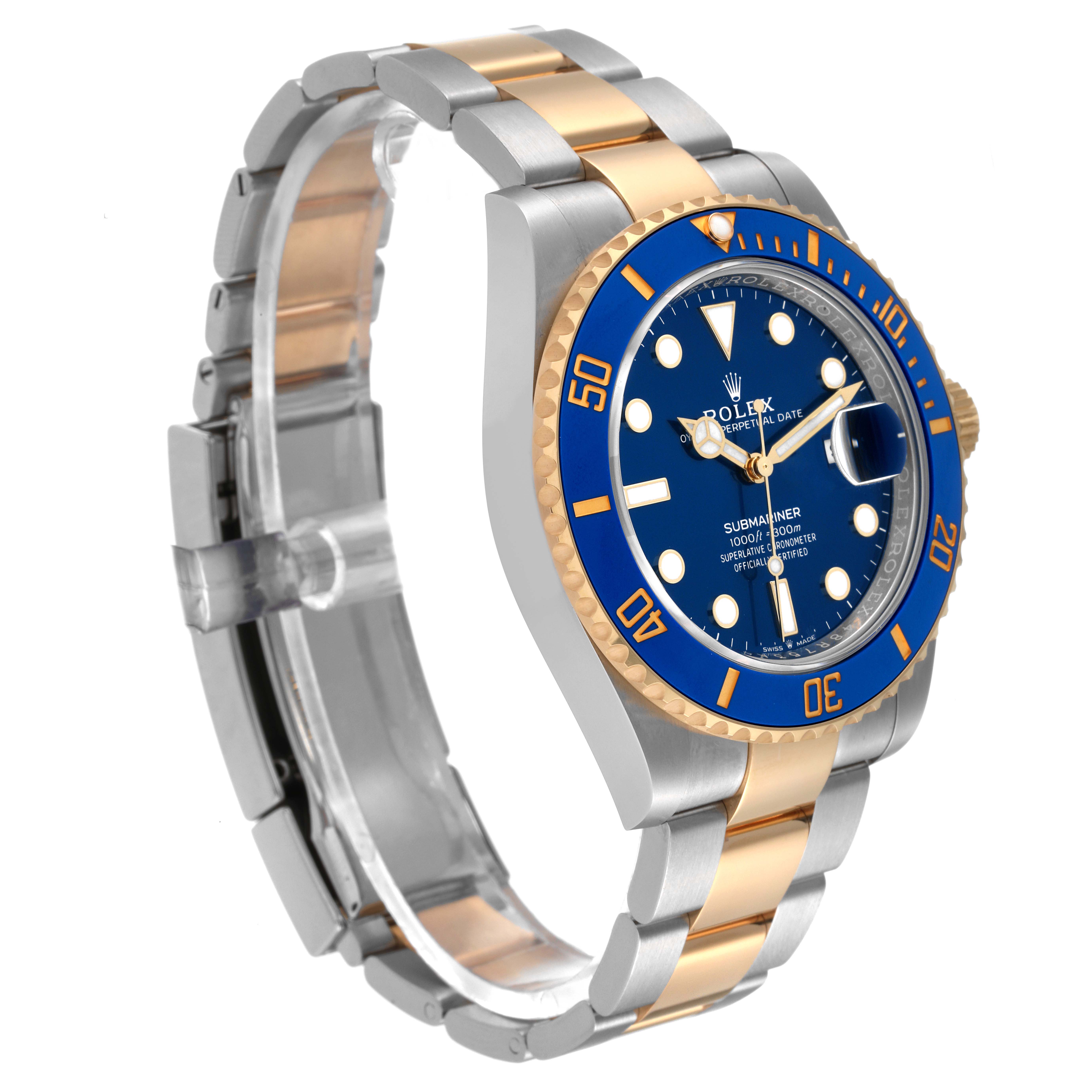 The Rolex Submariner 126613 Men's Steel and Gold (two tone) Blue Dial 126613 Men's Steel and Gold (two tone) Blue Dial watch is shown at an angled side view, highlighting its blue dial, bezel, and two-tone bracelet.