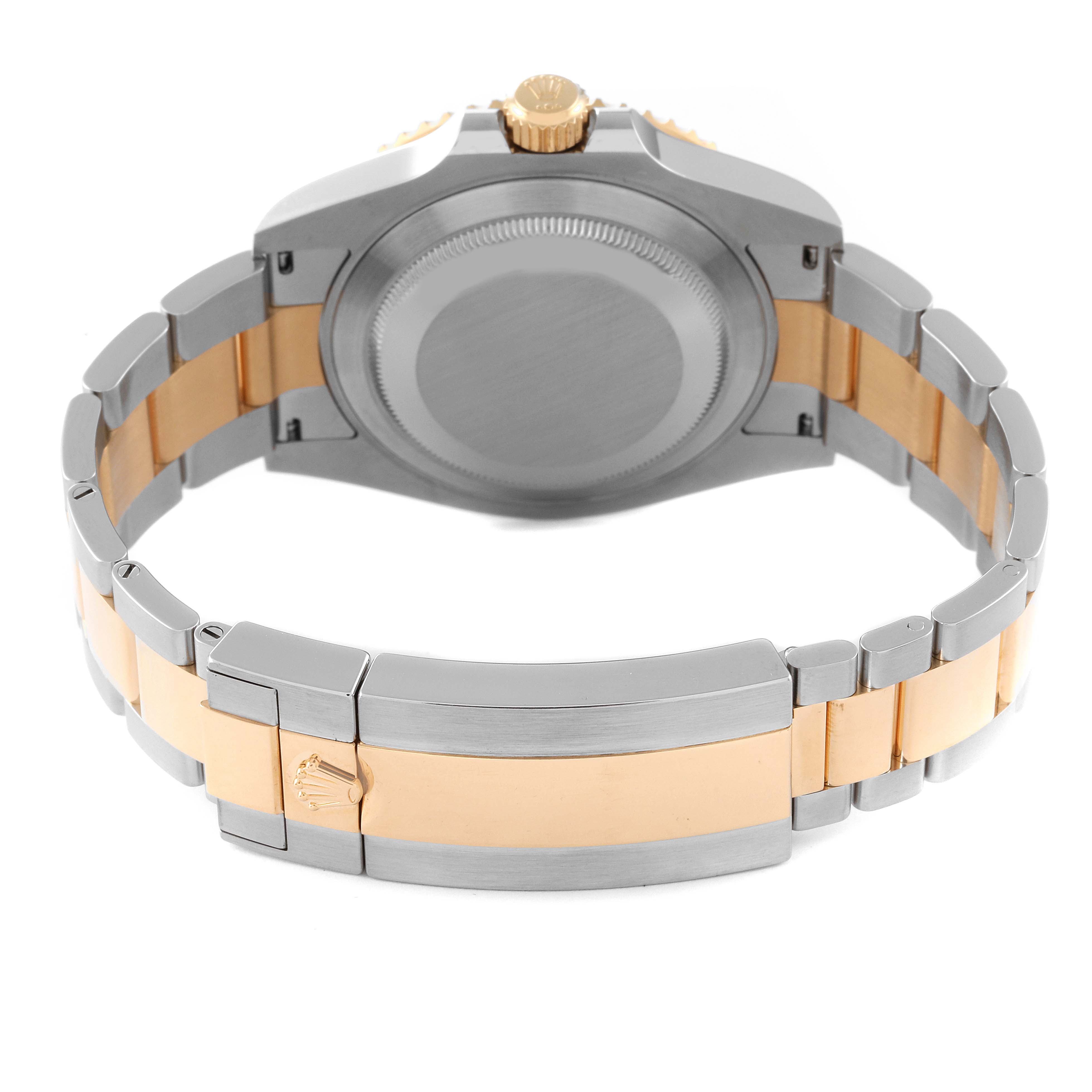 This image shows the back view of a Rolex Submariner 126613 Men's Steel and Gold (two tone) Blue Dial 126613 Men's Steel and Gold (two tone) Blue Dial, highlighting the case back and the two-tone bracelet.