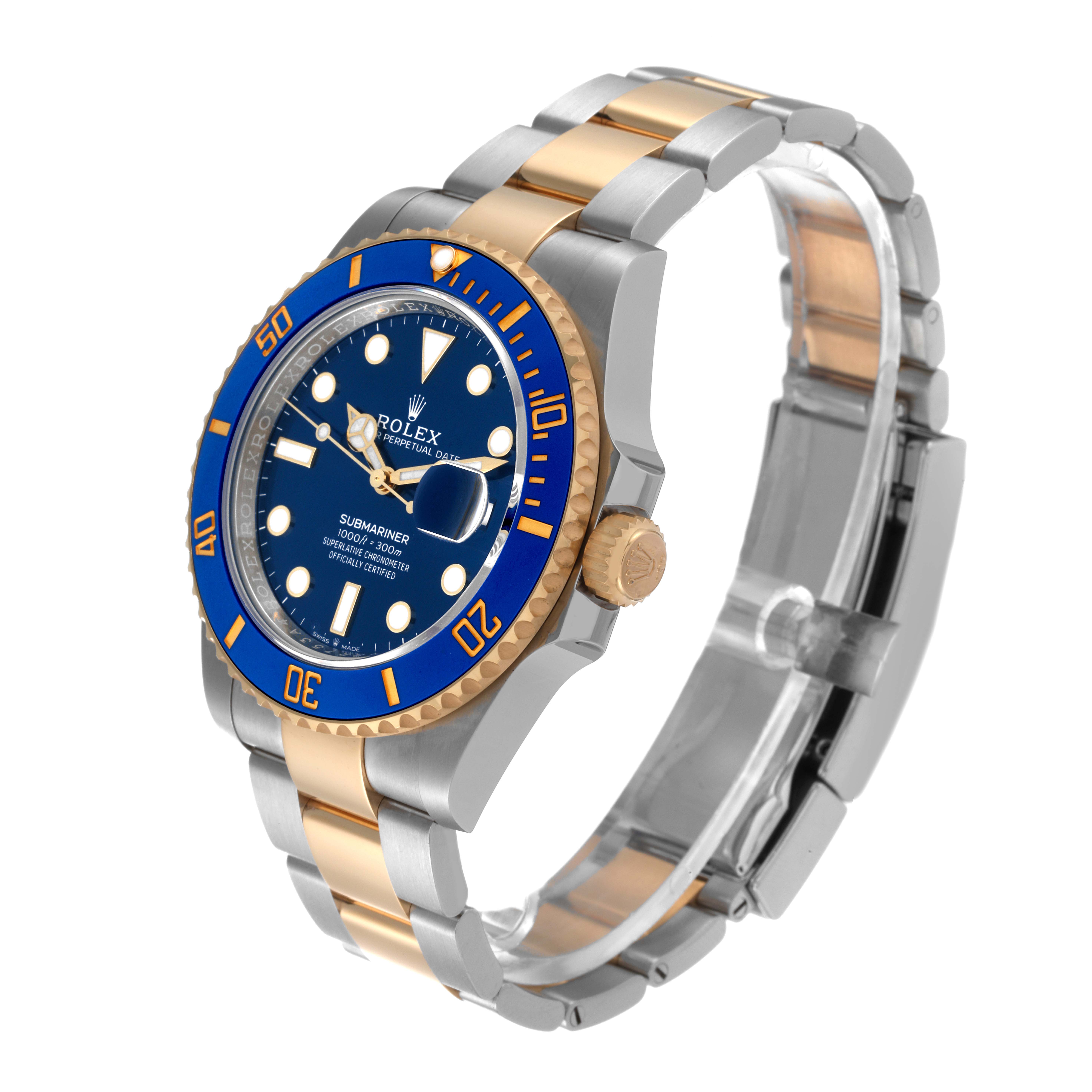 The Rolex Submariner 126613 Men's Steel and Gold (two tone) Blue Dial 126613 Men's Steel and Gold (two tone) Blue Dial watch is shown at a 3/4 angle, highlighting the blue dial, gold bezel, and two-tone metal bracelet.