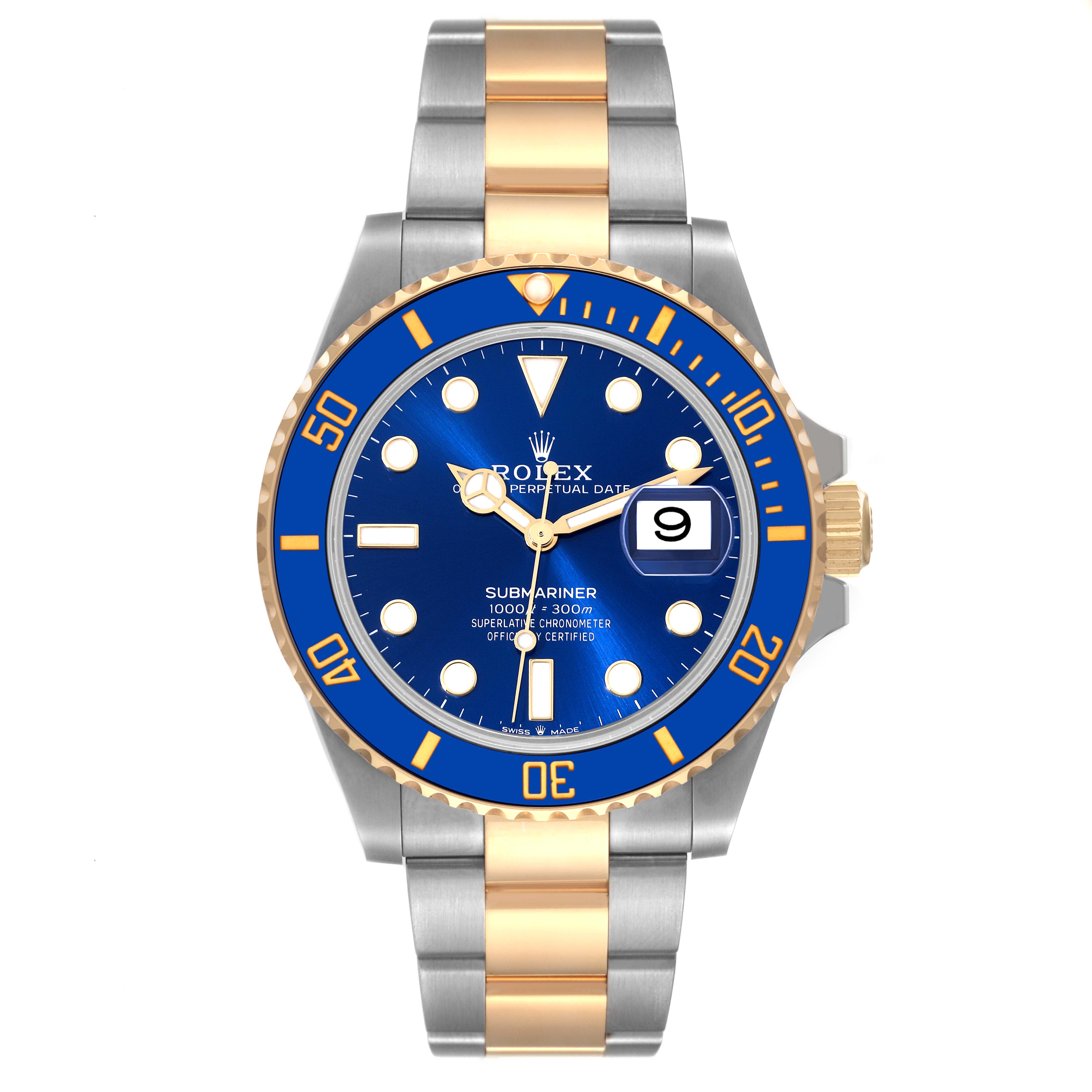 The image shows a frontal view of a Rolex Submariner 126613 Men's Steel and Gold (two tone) Blue Dial 126613 Men's Steel and Gold (two tone) Blue Dial watch with a blue dial and silver and gold bracelet.