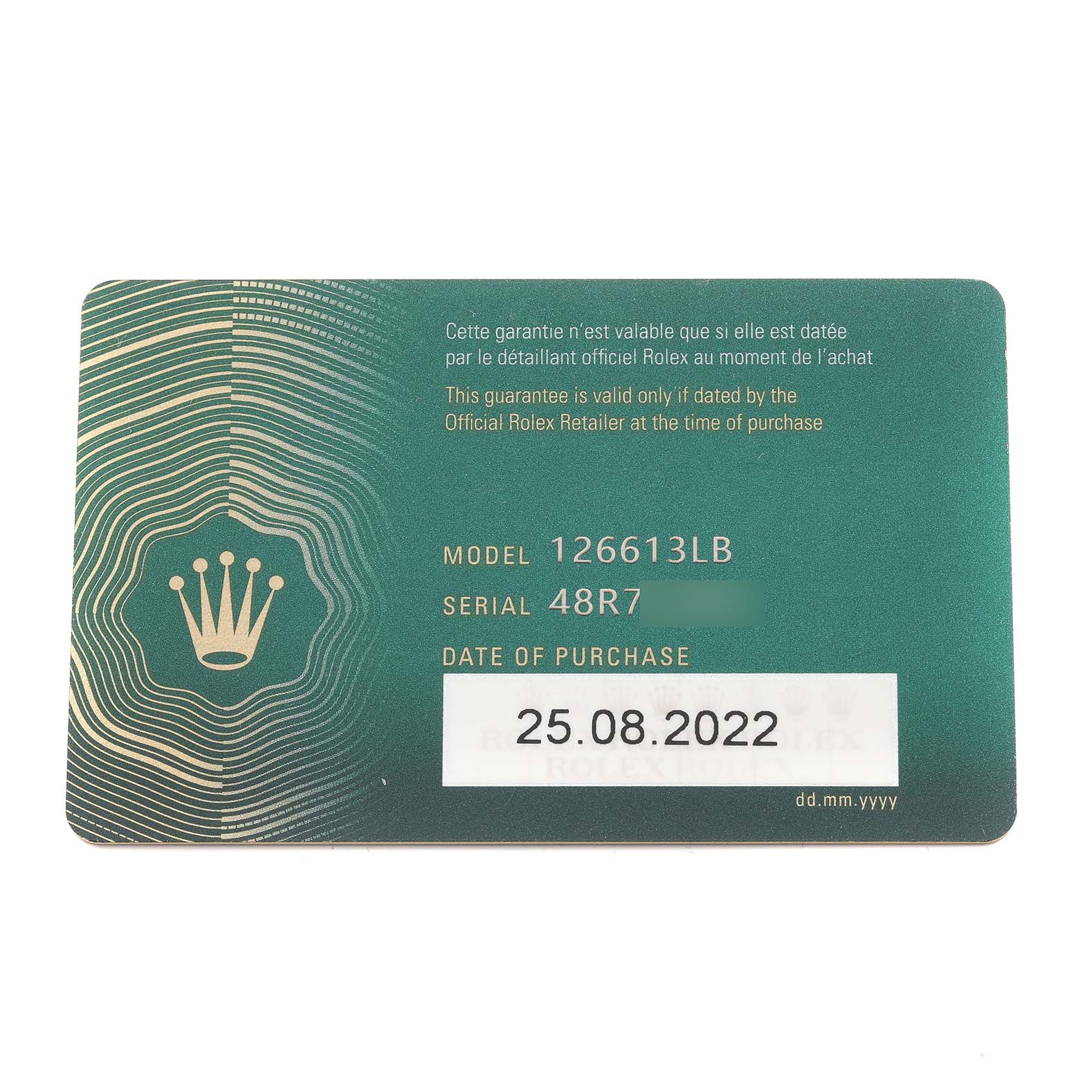 The image shows the warranty card for a Rolex Submariner 126613 Men's Steel and Gold (two tone) Blue Dial 126613 Men's Steel and Gold (two tone) Blue Dial model 126613LB.