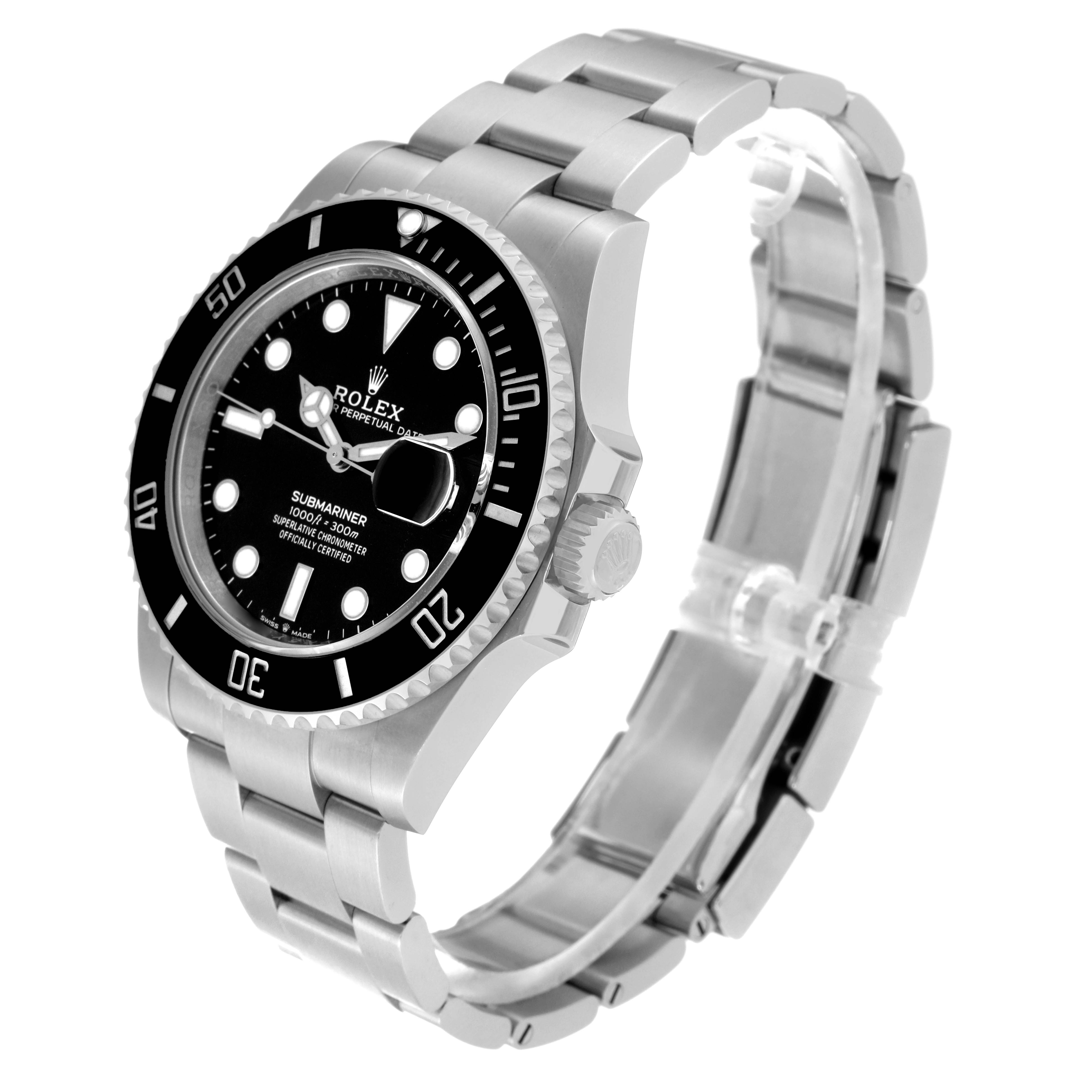 This image showcases a Rolex Submariner 126610LN Men
s Stainless Steel Black Dial 126610LN Men
s Stainless Steel Black Dial watch angled from the front-left, highlighting its face, bezel, crown, and metal bracelet.