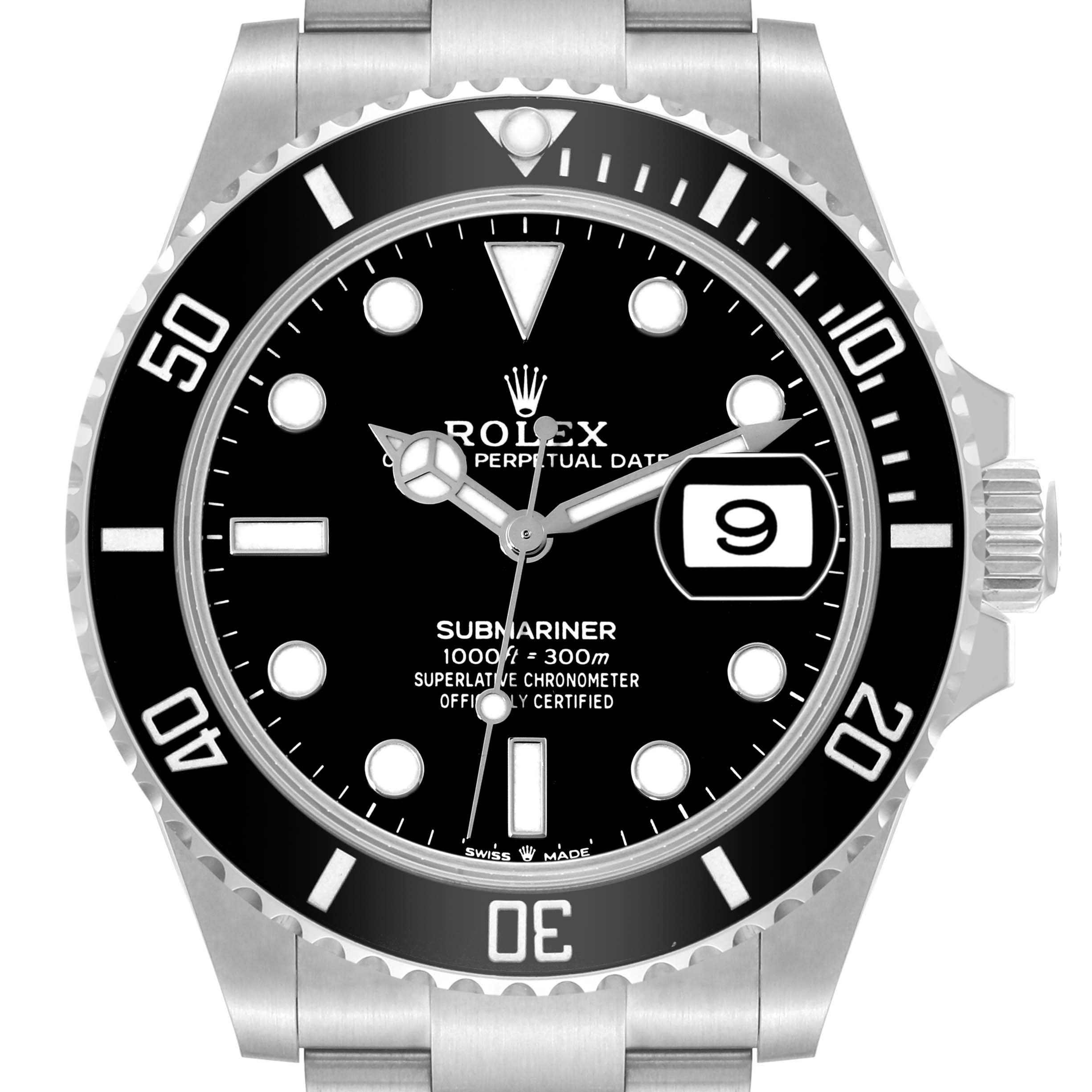 This image displays a Rolex Submariner 126610LN Men
s Stainless Steel Black Dial 126610LN Men
s Stainless Steel Black Dial watch from a front angle showcasing the face, bezel, and part of the bracelet.