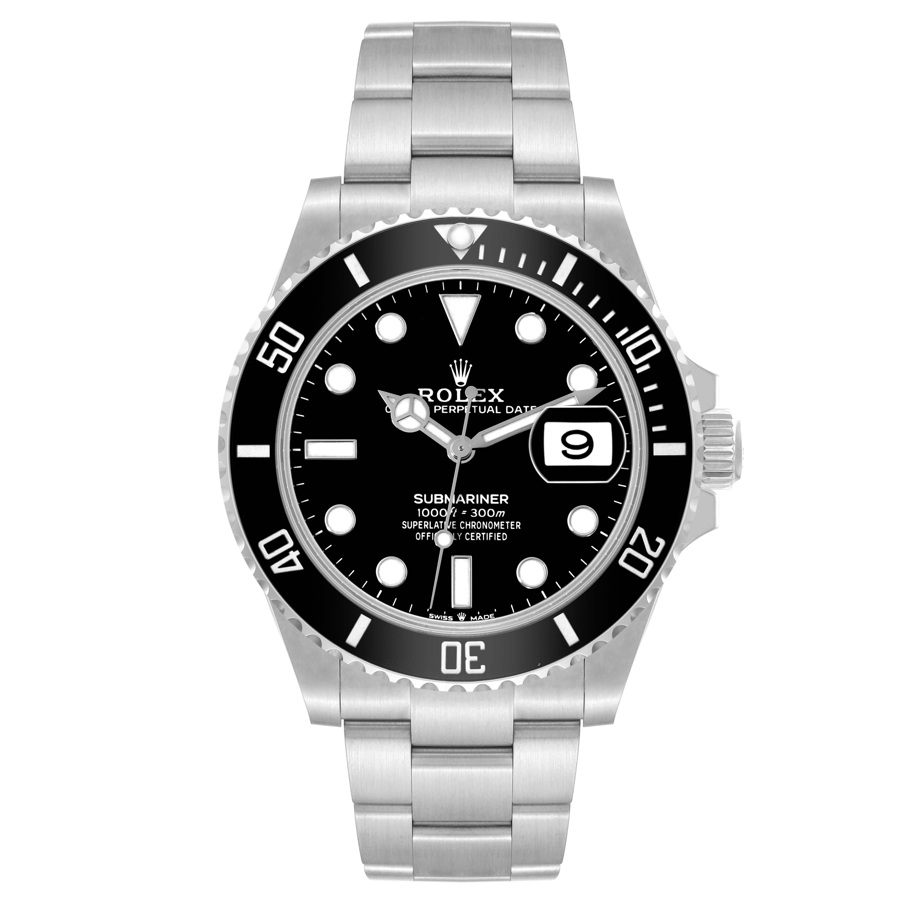 The image shows a frontal view of a Rolex Submariner 126610LN Men
s Stainless Steel Black Dial 126610LN Men
s Stainless Steel Black Dial watch, highlighting its face, bezel, and metal bracelet.