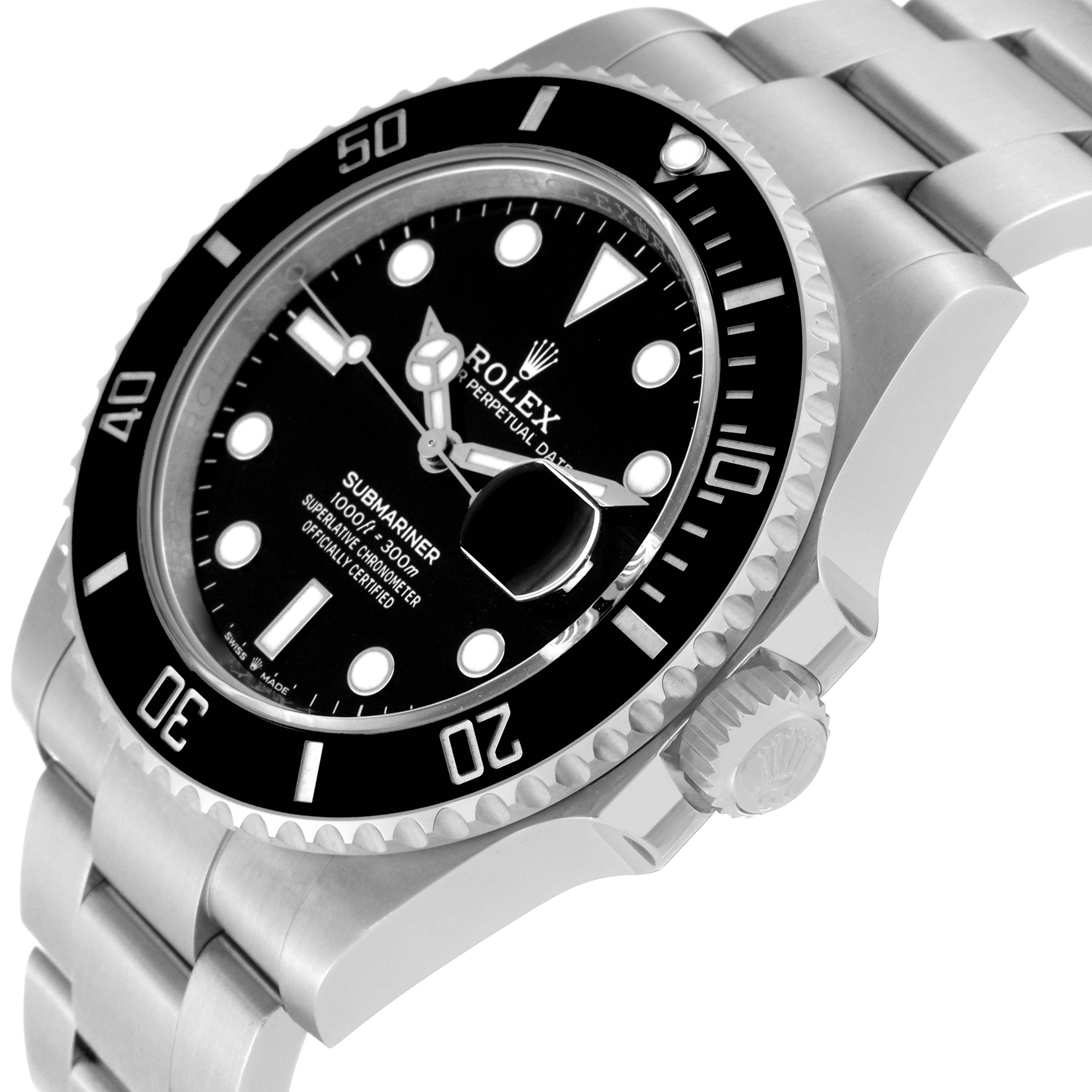 This image shows a close-up angled view of a Rolex Submariner 126610LN Men
s Stainless Steel Black Dial 126610LN Men
s Stainless Steel Black Dial watch, highlighting its face, bezel, and bracelet.