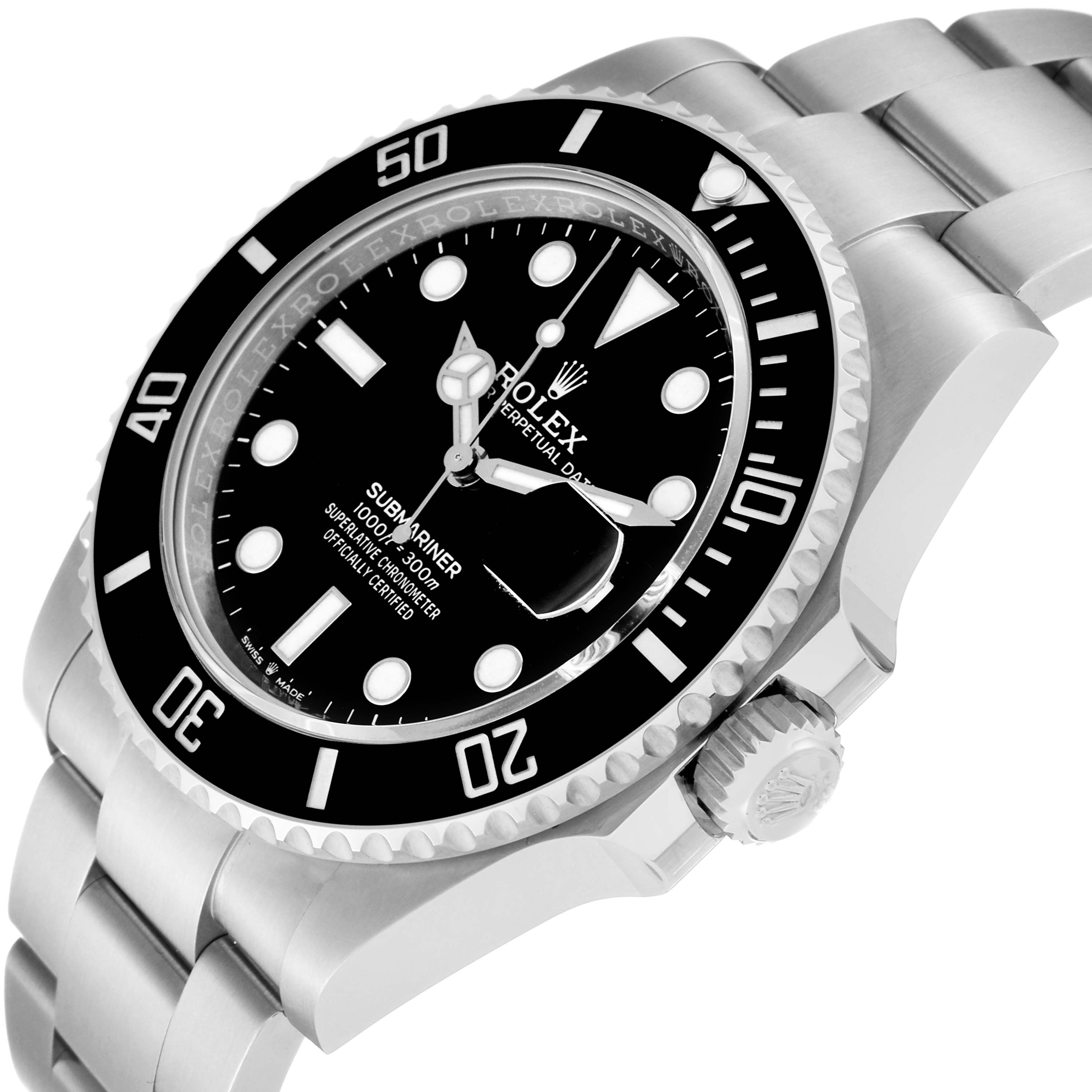 The image shows a side angle of the Rolex Submariner 126610LN Men
s Stainless Steel Black Dial 126610LN Men
s Stainless Steel Black Dial, highlighting the face, bezel, crown, and part of the band.