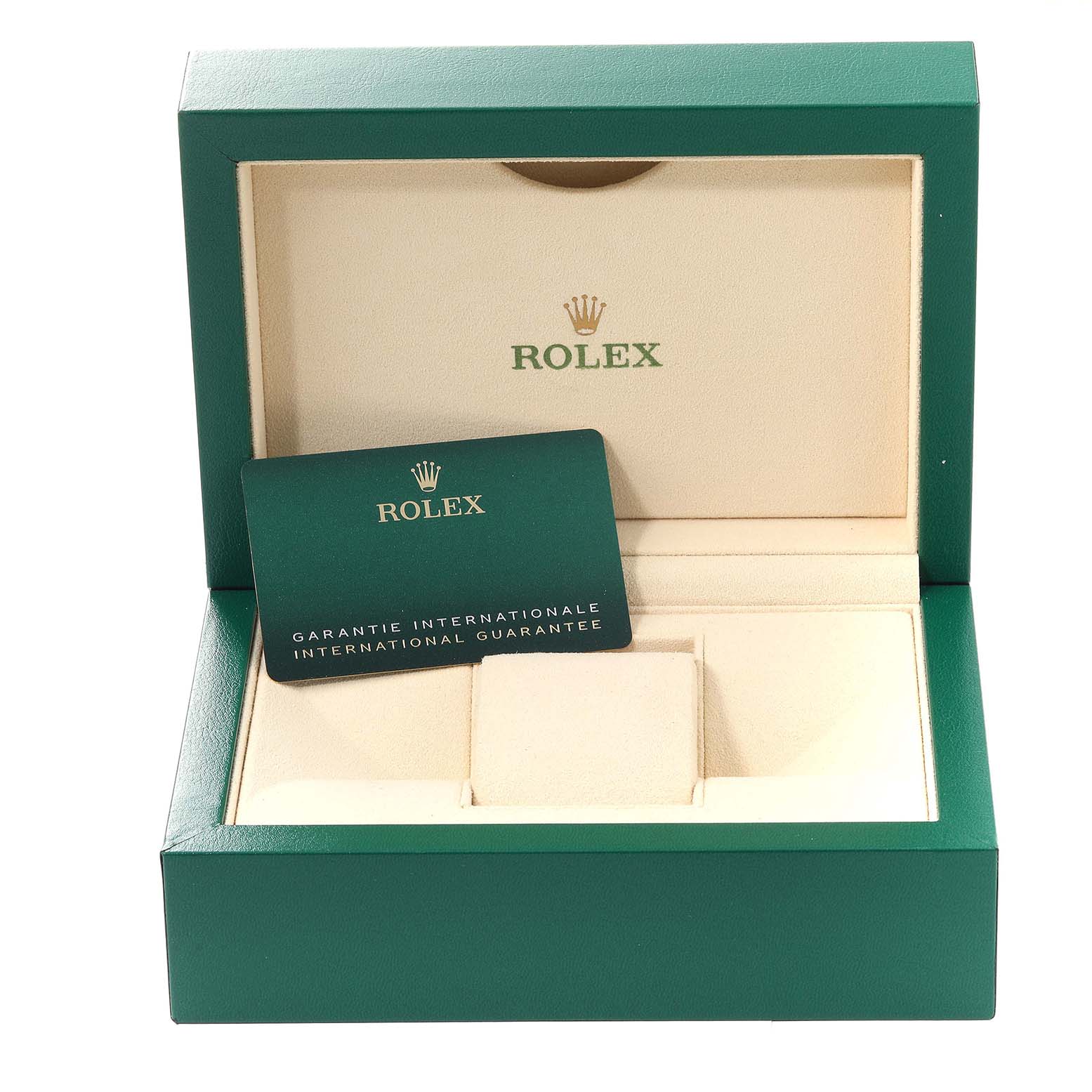 The image shows an open green box for a Rolex Submariner 126610LN Men
s Stainless Steel Black Dial 126610LN Men
s Stainless Steel Black Dial watch, including the international guarantee card.