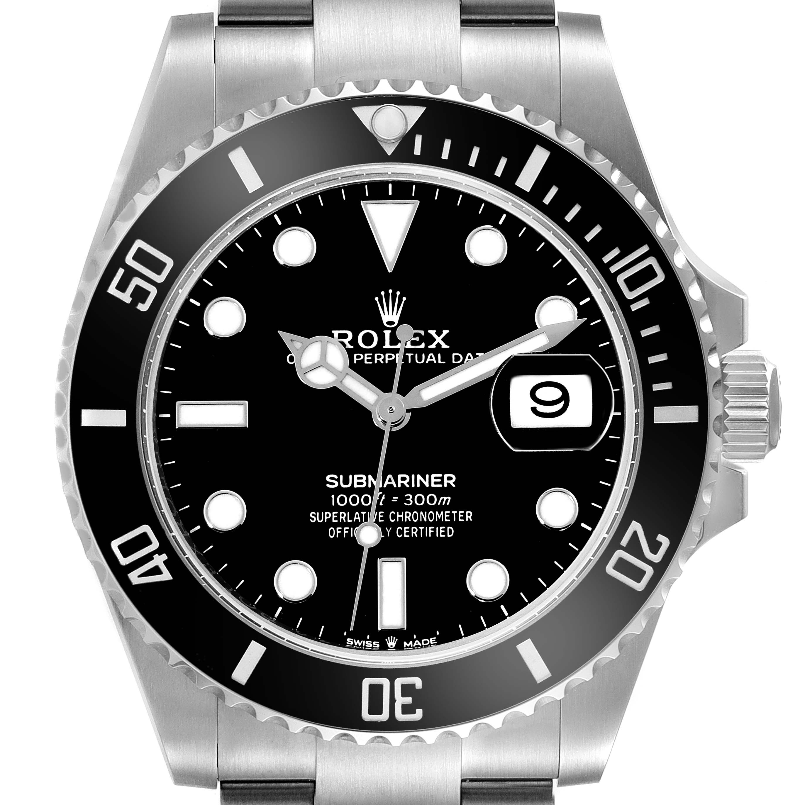 This image shows a frontal view of the Rolex Submariner 126610LN Men
s Stainless Steel Black Dial 126610LN Men
s Stainless Steel Black Dial watch including its dial, bezel, and part of the bracelet.