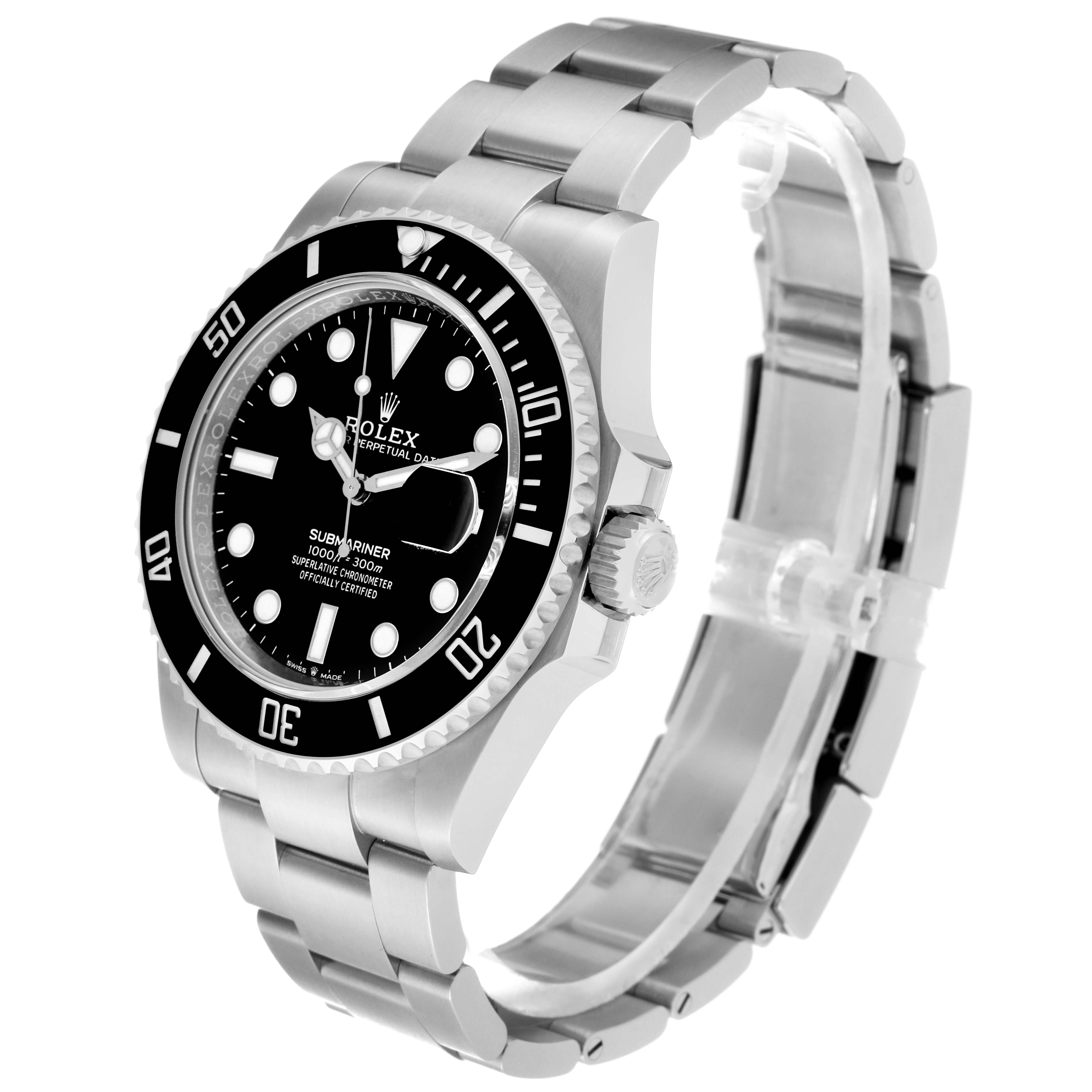 The image shows a Rolex Submariner 126610LN Men
s Stainless Steel Black Dial 126610LN Men
s Stainless Steel Black Dial watch from a three-quarter angle, highlighting its bracelet, bezel, dial, and crown.