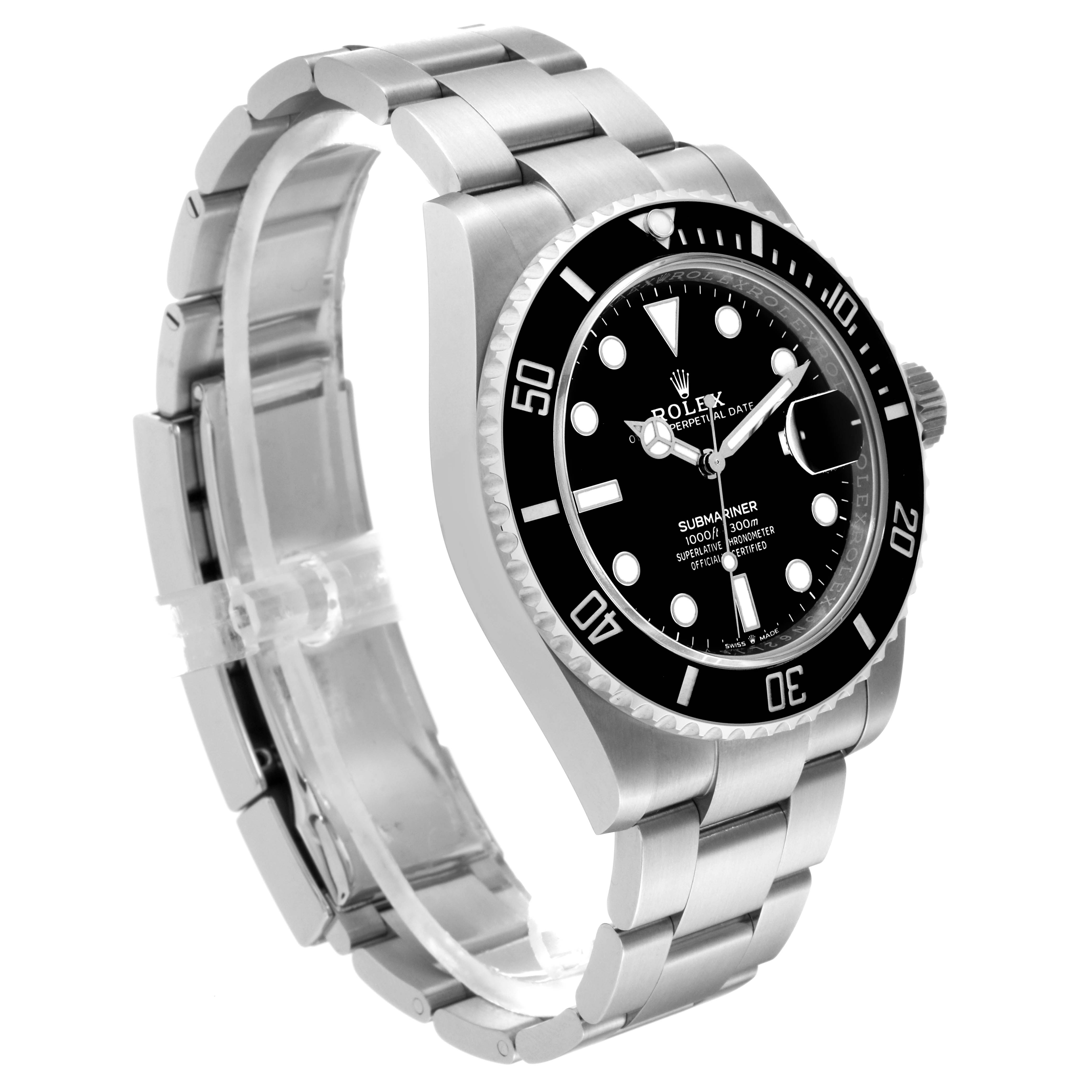 This image shows a side and angled view of the Rolex Submariner 126610LN Men
s Stainless Steel Black Dial 126610LN Men
s Stainless Steel Black Dial watch with a stainless steel bracelet and black dial.