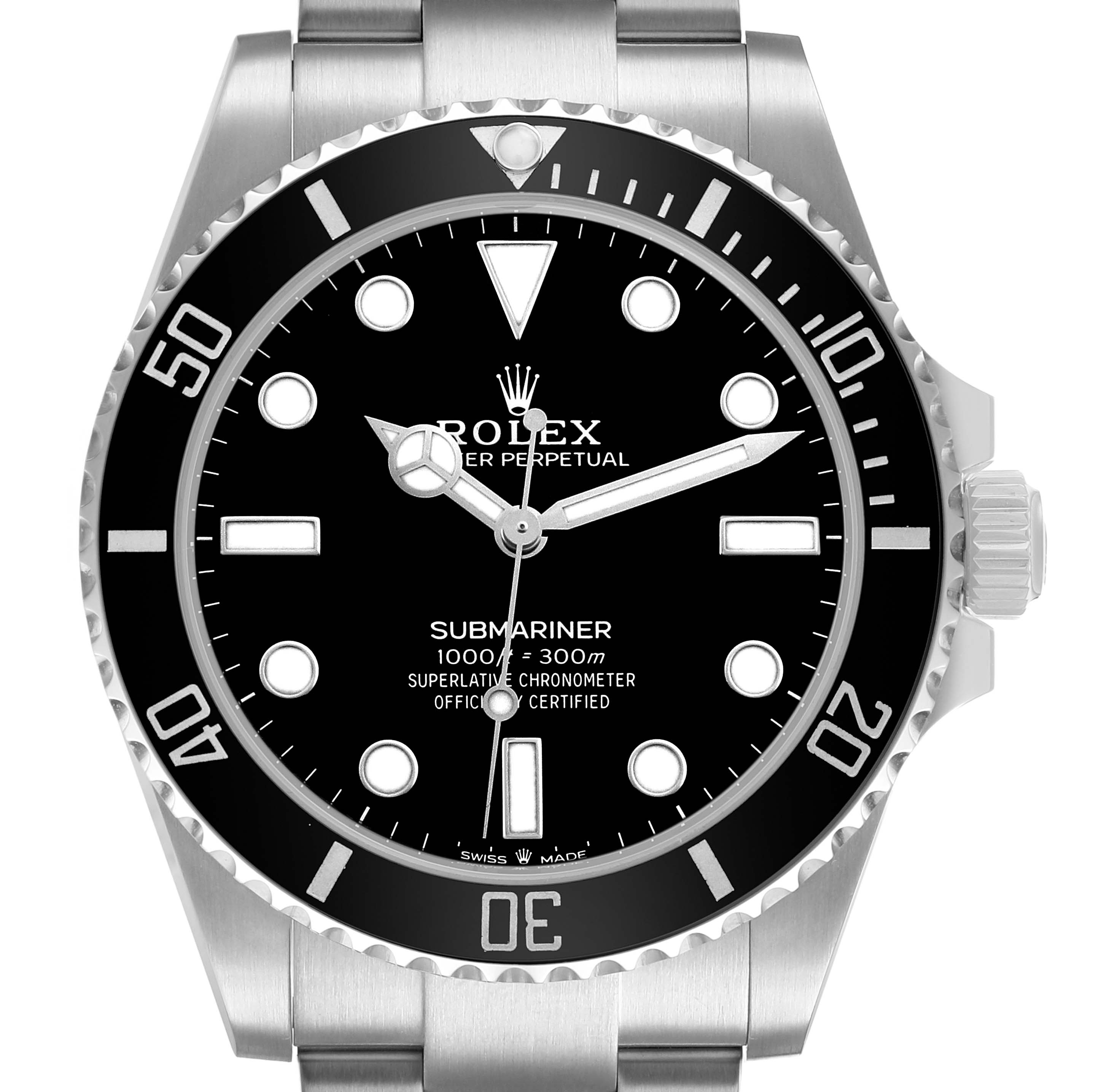 The Rolex Submariner 124060 Men's Stainless Steel Black Dial watch is shown from a front angle, highlighting the dial, bezel, and bracelet.