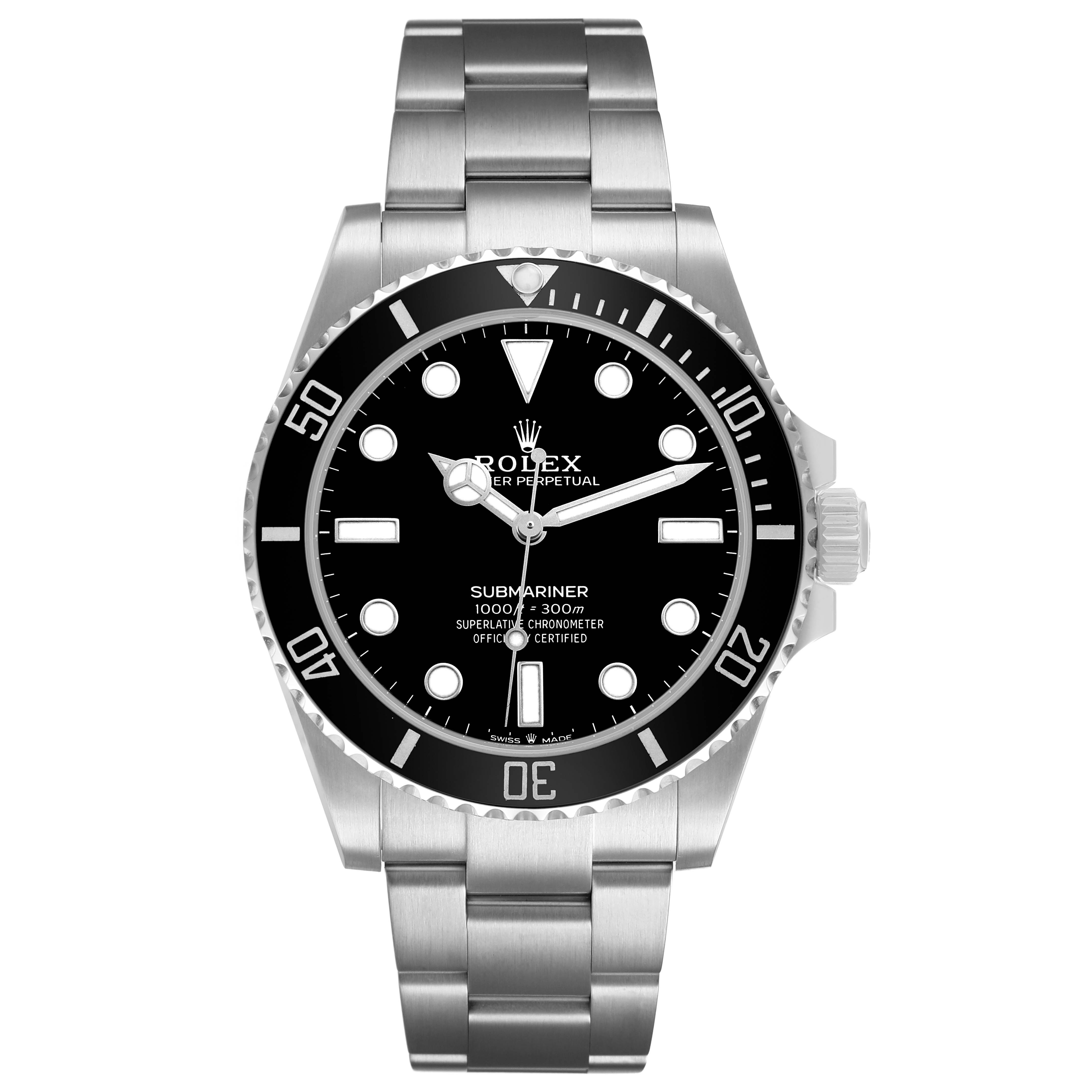 The image shows a front view of the Rolex Submariner 124060 Men's Stainless Steel Black Dial, displaying its dial, bezel, bracelet, and crown.