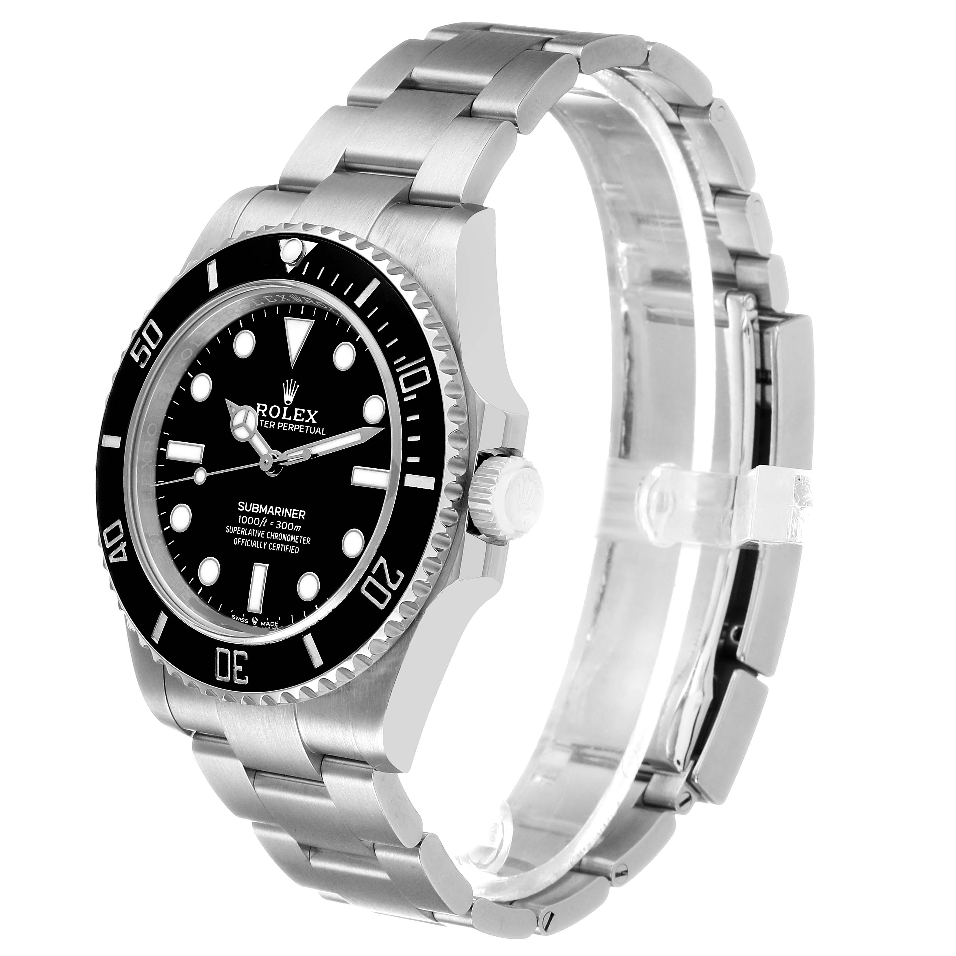 The Rolex Submariner 124060 Men's Stainless Steel Black Dial watch is shown at a three-quarter angle, showcasing the face, bezel, crown, and bracelet.