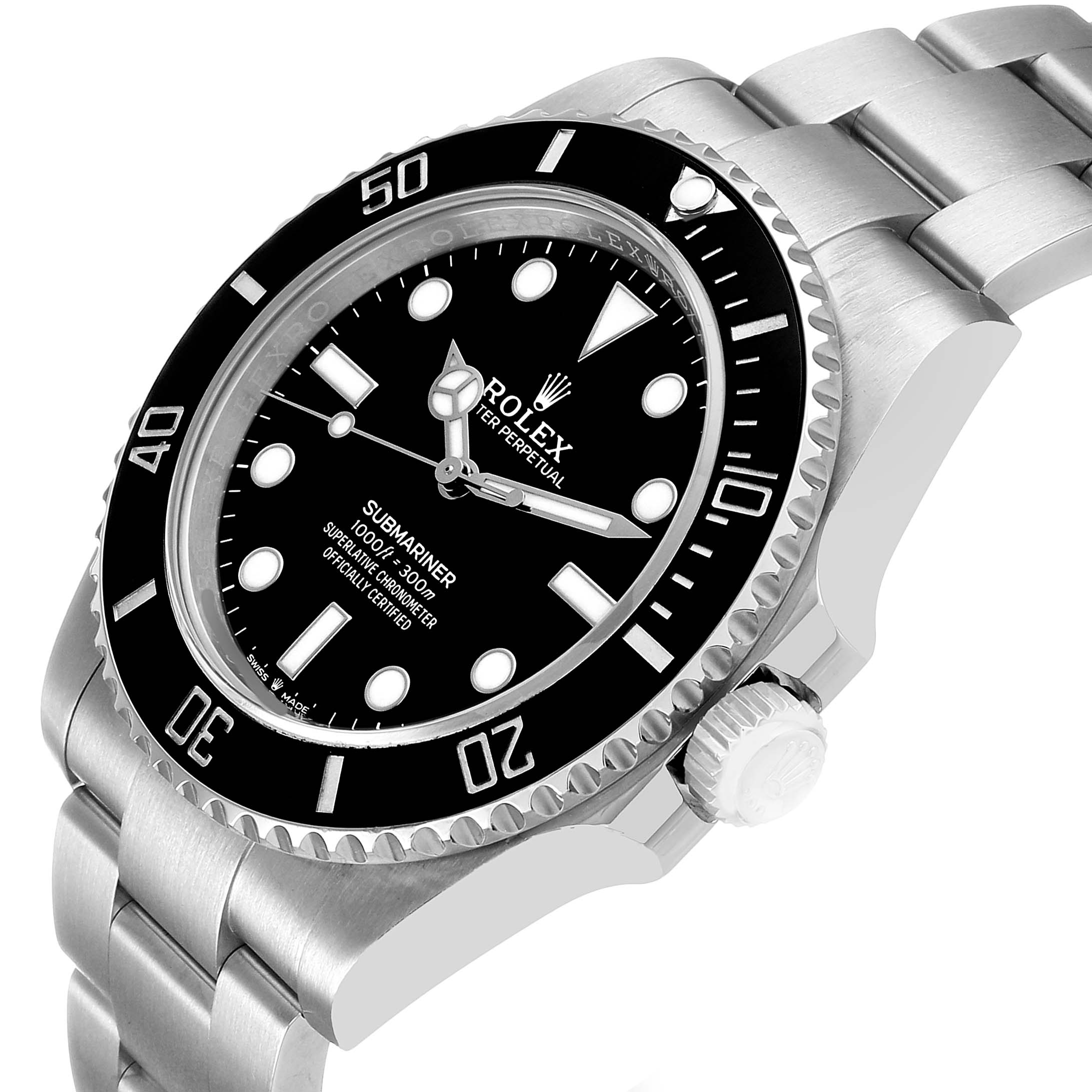 The Rolex Submariner 124060 Men's Stainless Steel Black Dial watch is shown at a side angle, highlighting the bezel, dial, crown, and stainless steel bracelet.