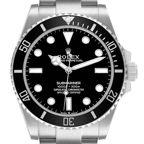 The image shows a front view of a Rolex Submariner 124060 Men's Stainless Steel Black Dial watch, highlighting the dial, bezel, and part of the bracelet.