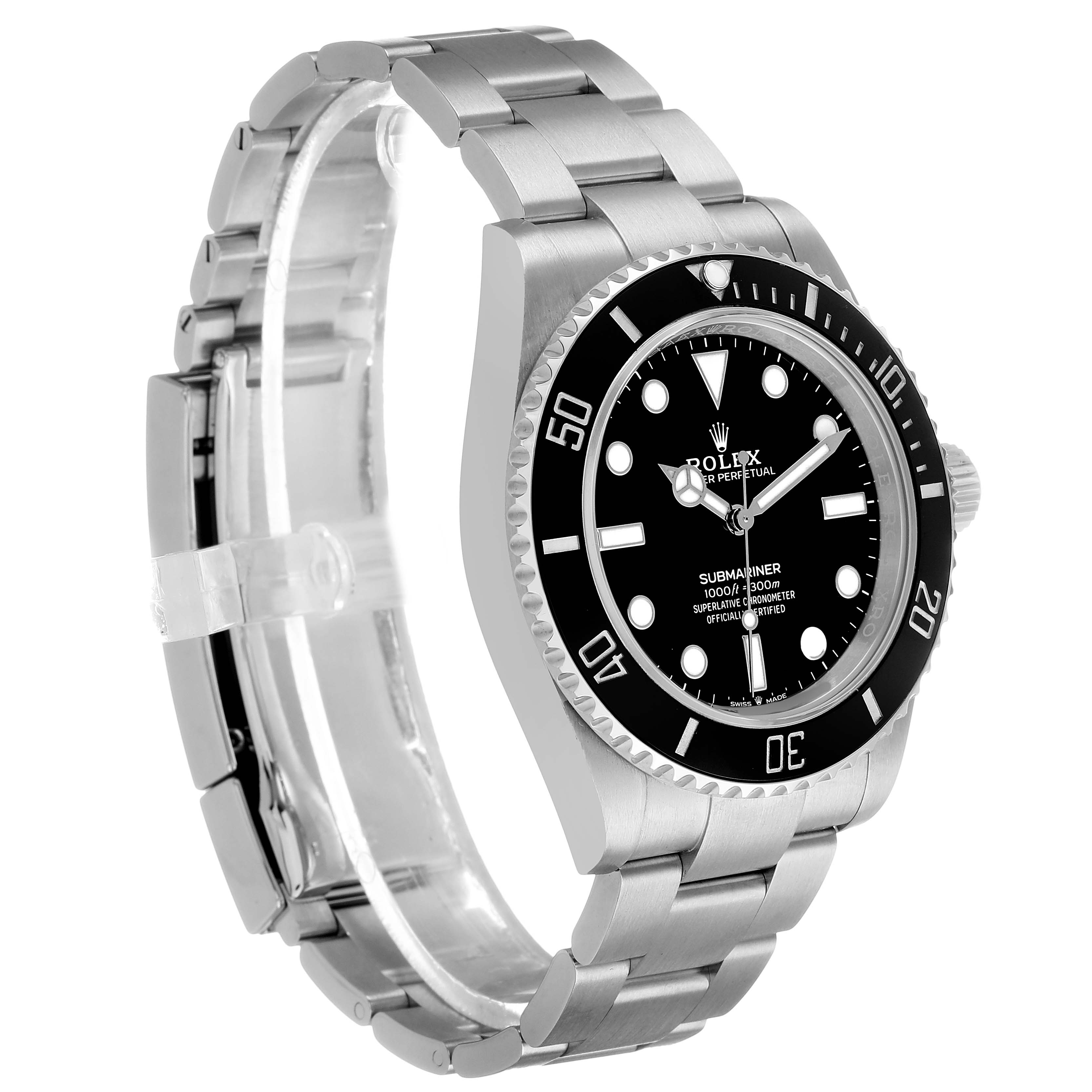 The Rolex Submariner 124060 Men's Stainless Steel Black Dial watch is shown at a slight oblique angle highlighting the face, bezel, and bracelet.