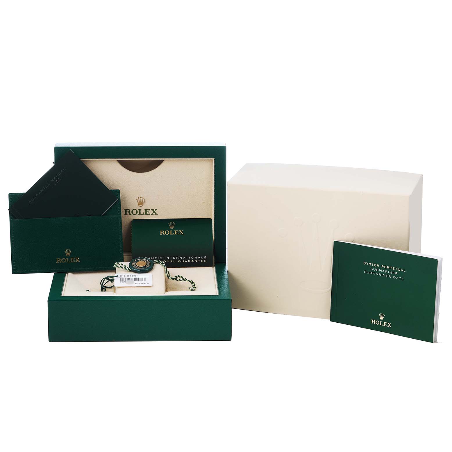The image shows a Rolex Submariner 124060 Men's Stainless Steel Black Dial box set with the watch, papers, and accessories neatly displayed.