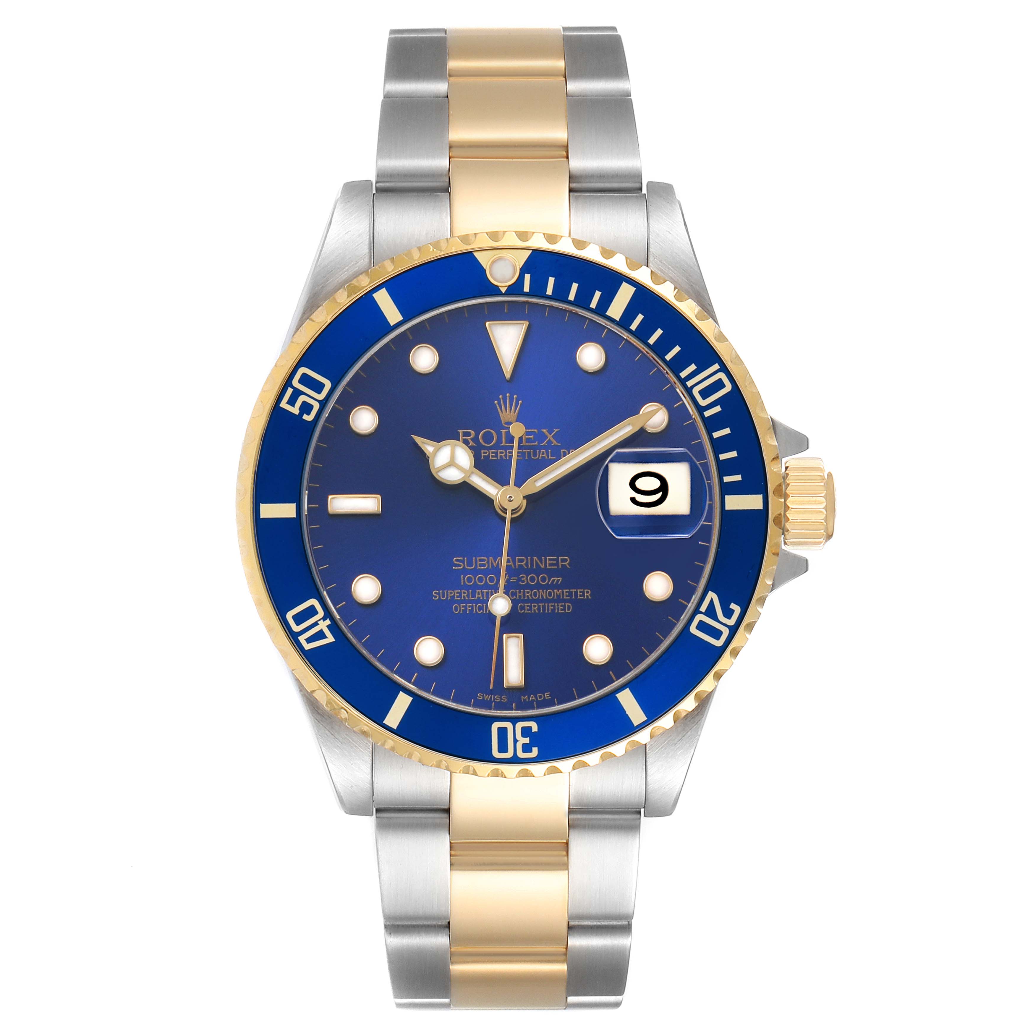 The Rolex Submariner 16613 Men's Steel and Gold (two tone) Blue Dial watch is shown from a front angle, displaying the blue dial, bezel, and two-tone bracelet.