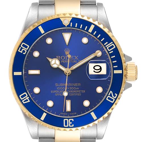 The Rolex Submariner 16613 Men's Steel and Gold (two tone) Blue Dial watch is shown from the front, highlighting the blue dial, bezel, crown, and two-tone bracelet.