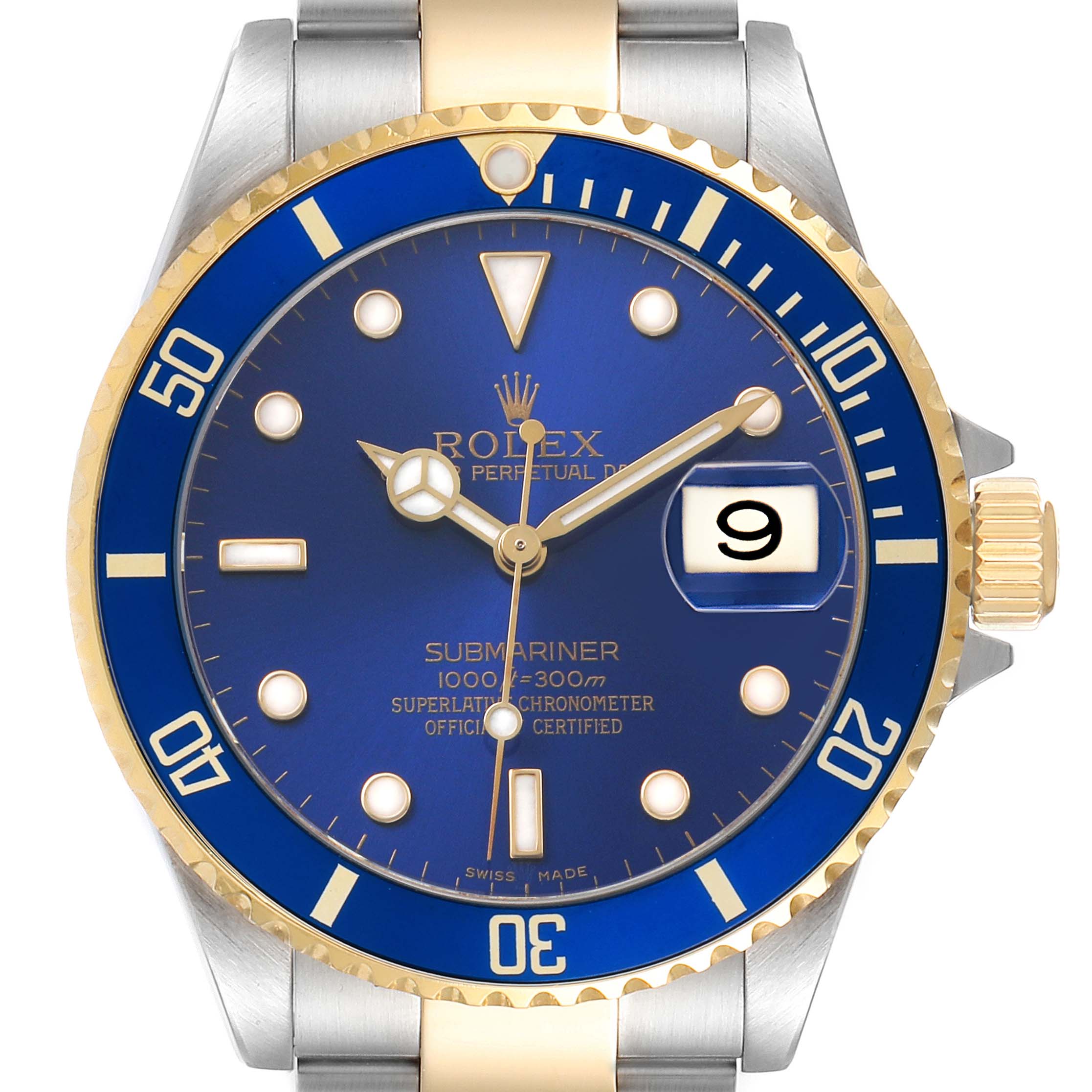 The Rolex Submariner 16613 Men's Steel and Gold (two tone) Blue Dial watch is shown from a front angle, displaying its blue dial, bezel, and date feature.