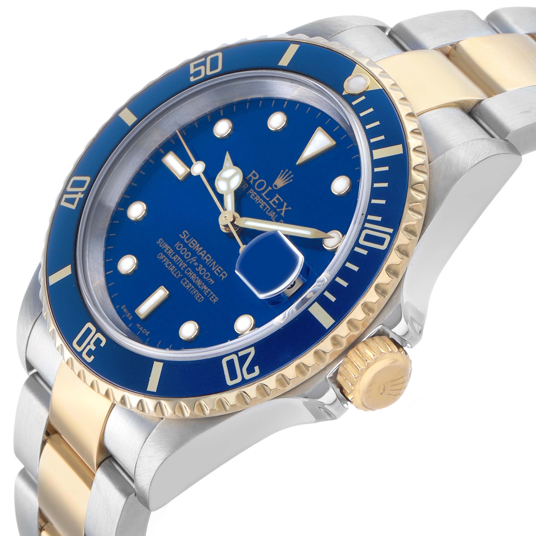 The Rolex Submariner 16613 Men's Steel and Gold (two tone) Blue Dial watch is shown from a side angle, highlighting its blue dial, gold bezel, and two-tone bracelet.