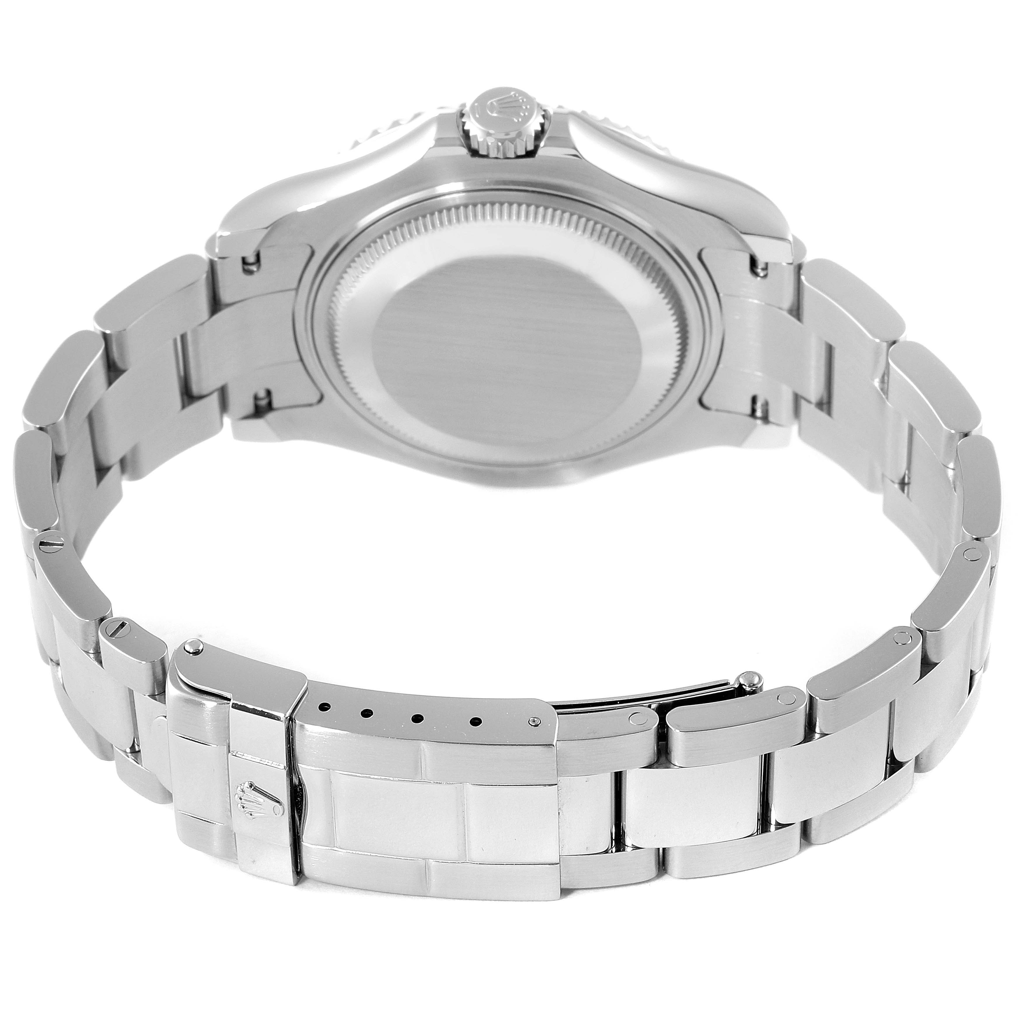 This image shows the back view of the Rolex Yacht-Master 168622 Men
s Stainless Steel Silver Dial 168622 Men
s Stainless Steel Silver Dial watch, highlighting the case back, crown, and bracelet with clasp.