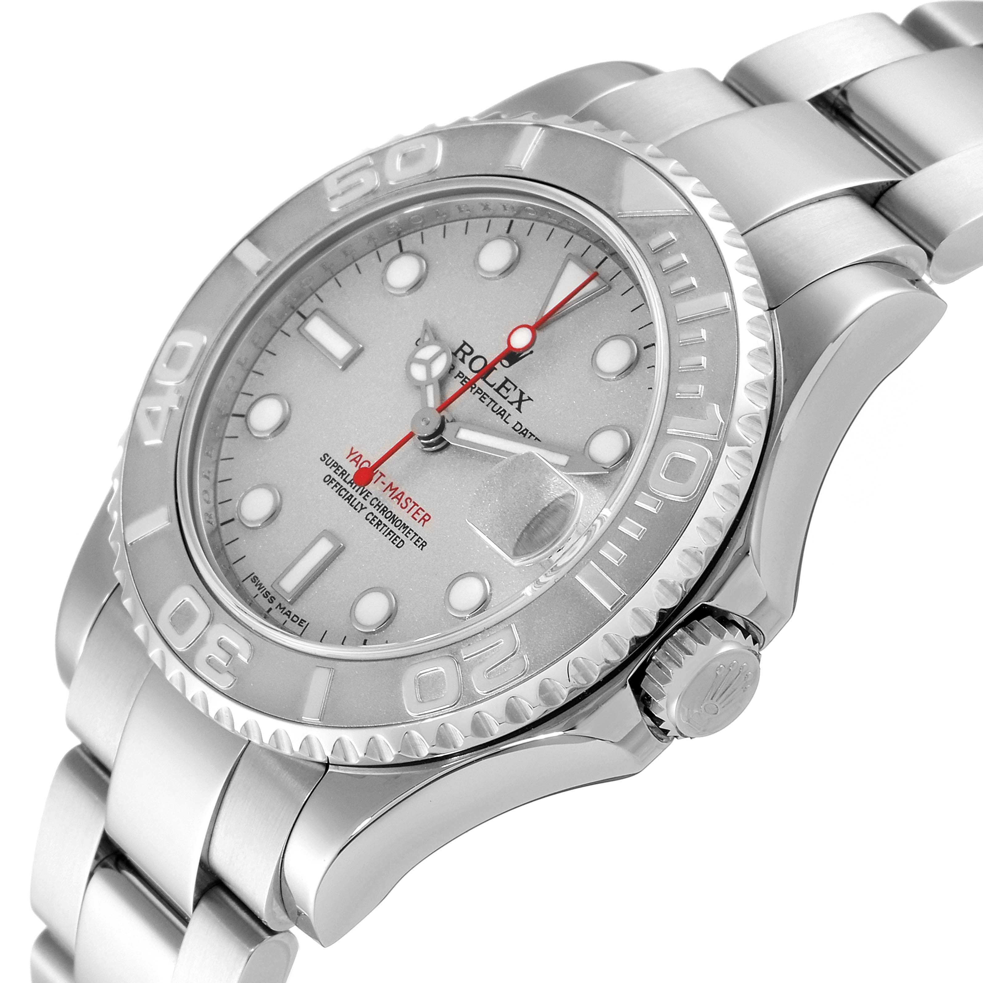 The image shows a Rolex Yacht-Master 168622 Men
s Stainless Steel Silver Dial 168622 Men
s Stainless Steel Silver Dial watch from an angled close-up, highlighting the face, bezel, crown, and part of the bracelet.
