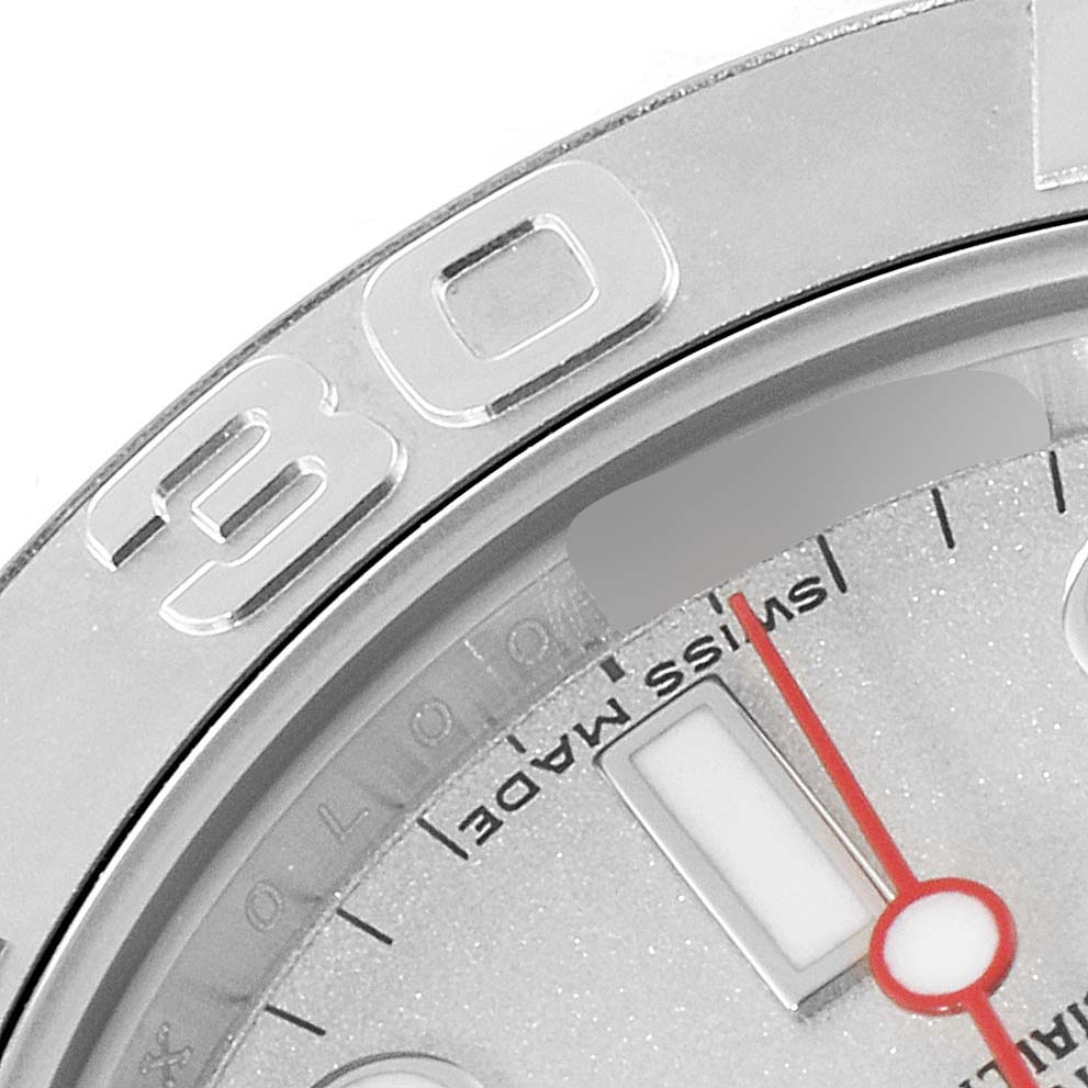 The image shows a close-up of the dial and bezel of a Rolex Yacht-Master 168622 Men
s Stainless Steel Silver Dial 168622 Men
s Stainless Steel Silver Dial watch, focusing on the "30" minute marker.