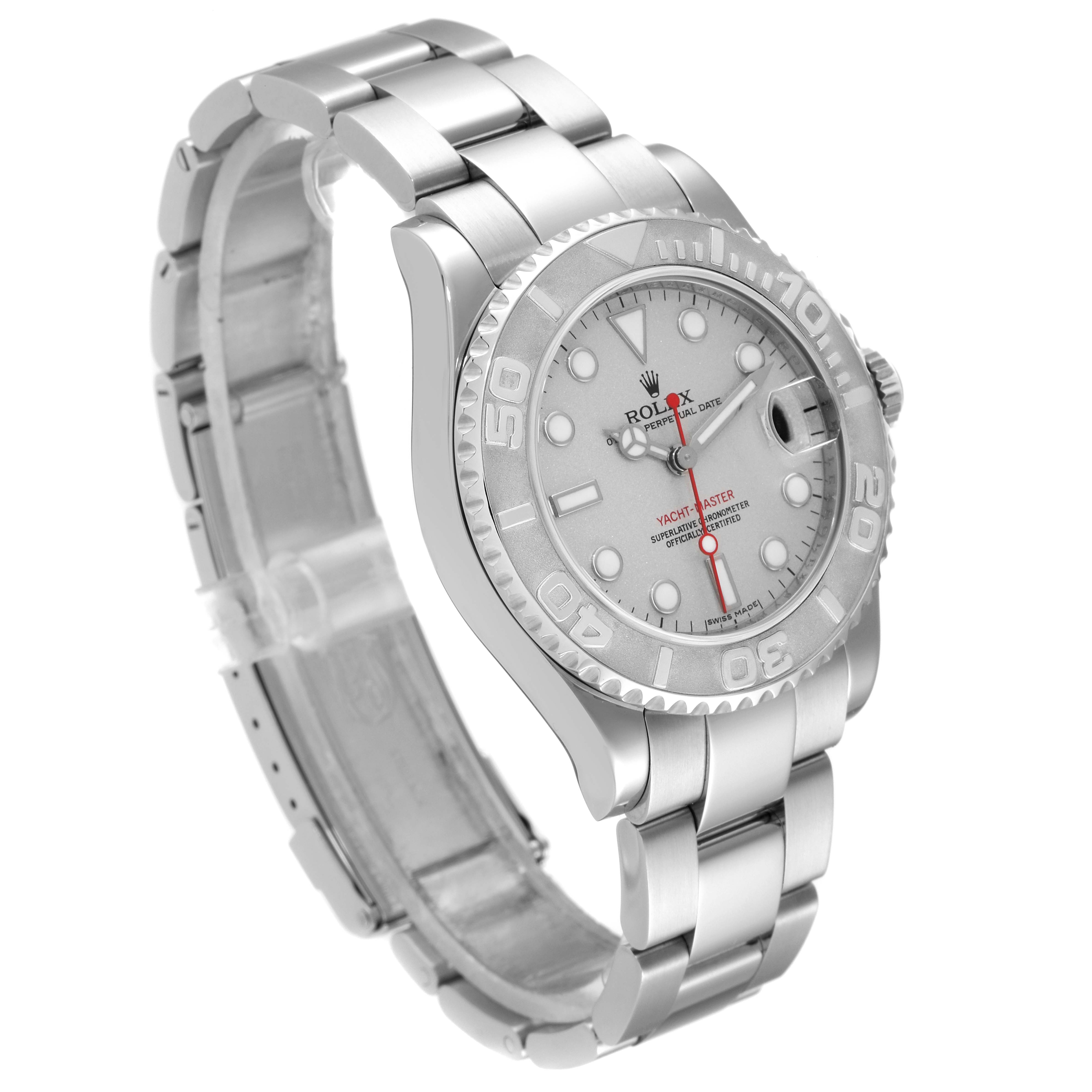 The Rolex Yacht-Master 168622 Men
s Stainless Steel Silver Dial 168622 Men
s Stainless Steel Silver Dial watch is shown at a slight angle, displaying the face, bezel, case, and bracelet.