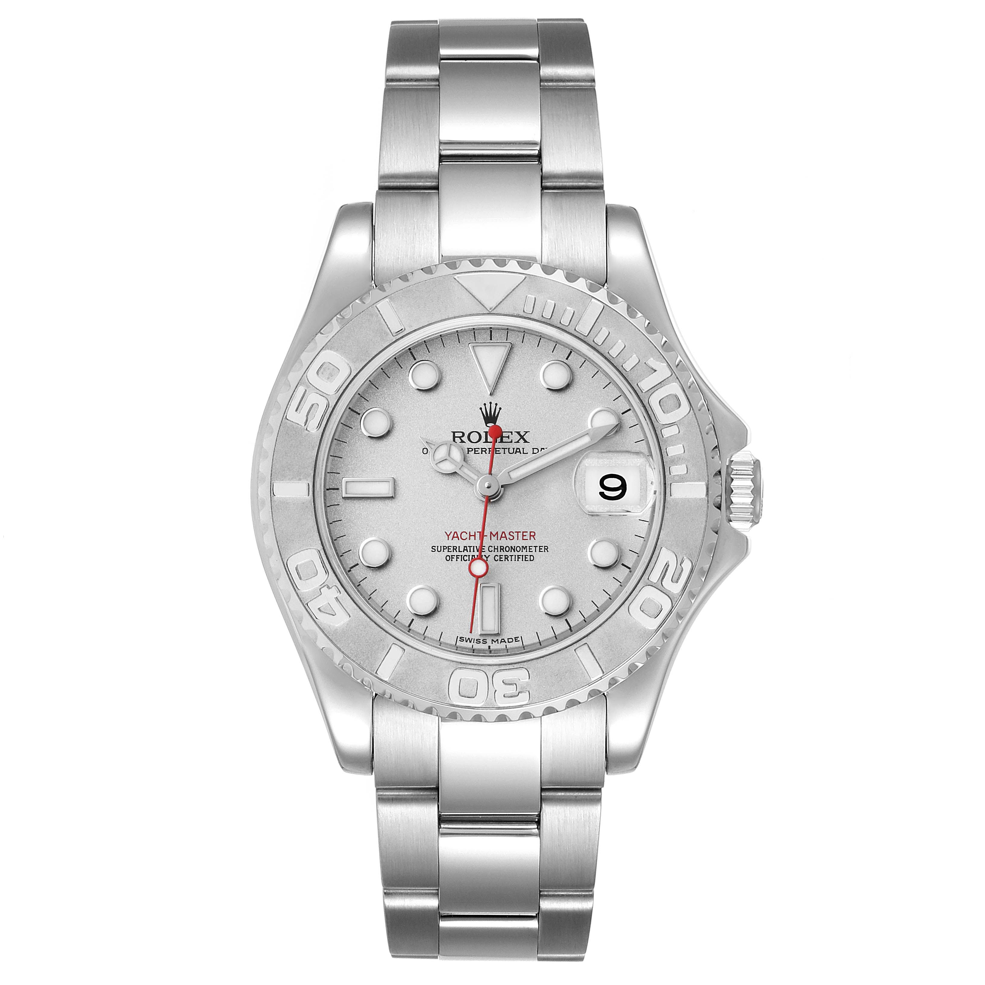 The image shows a front view of the Rolex Yacht-Master 168622 Men
s Stainless Steel Silver Dial 168622 Men
s Stainless Steel Silver Dial watch, highlighting its face, bezel, and bracelet.