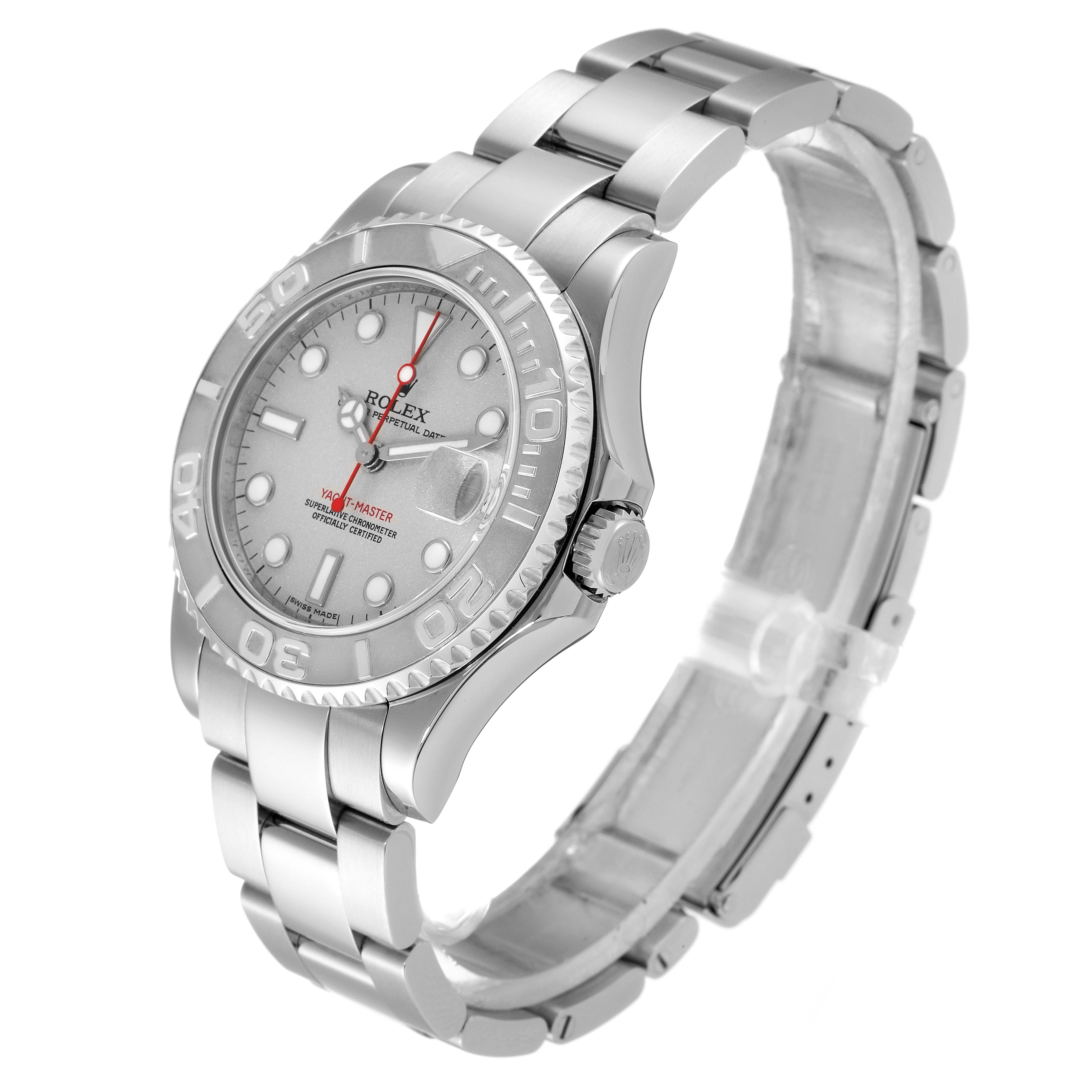 This image shows a side angle of the Rolex Yacht-Master 168622 Men
s Stainless Steel Silver Dial 168622 Men
s Stainless Steel Silver Dial watch, featuring its face, bezel, and metal bracelet.