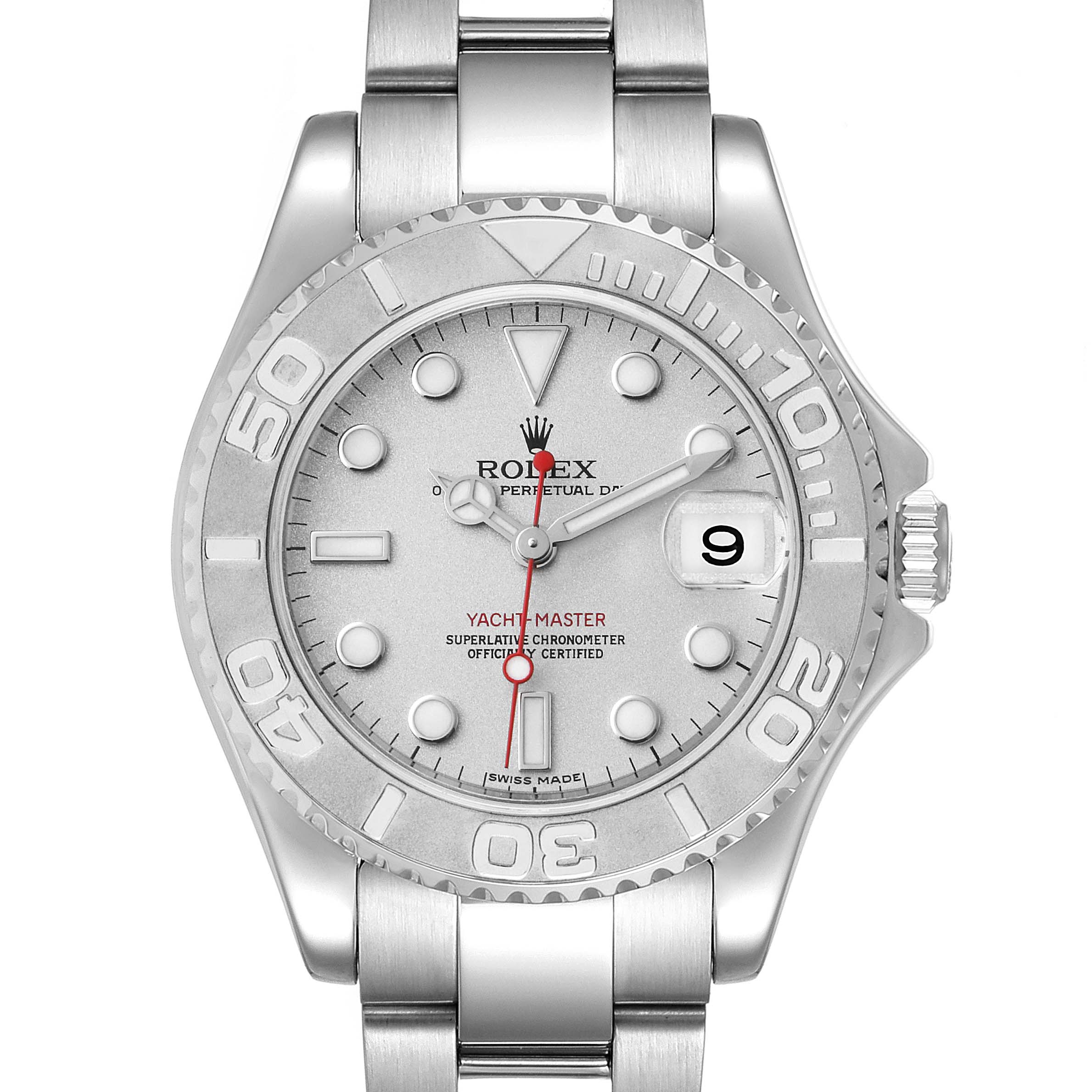 The Rolex Yacht-Master 168622 Men
s Stainless Steel Silver Dial 168622 Men
s Stainless Steel Silver Dial watch shown is in a frontal view, displaying the dial, bezel, and part of the bracelet.